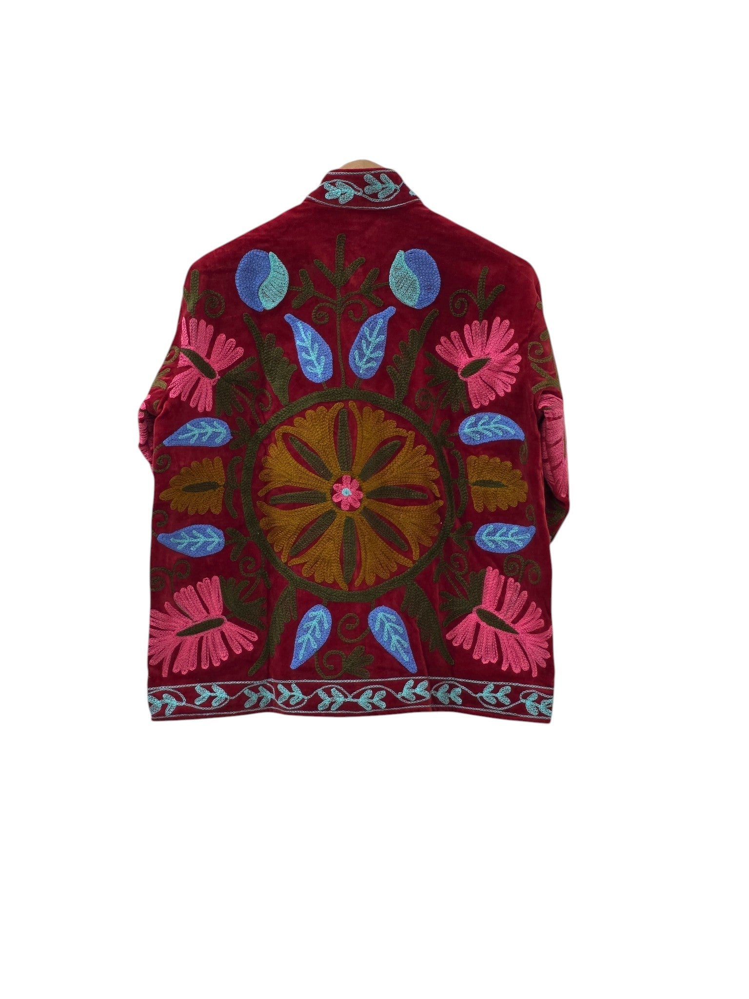 Red Hand Embroidered Suzani Velvet Unisex Jacket - VT24