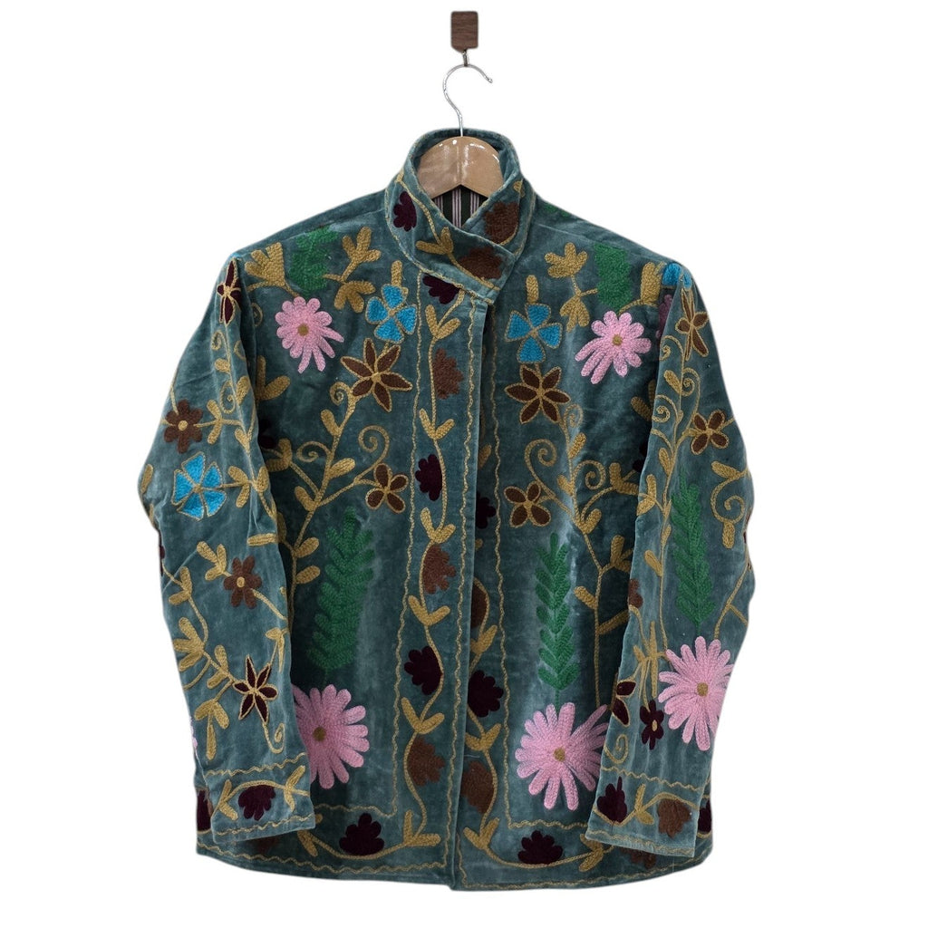 Bohemian Embroidered Suzani Velvet Green Floral Design Jacket - VT25