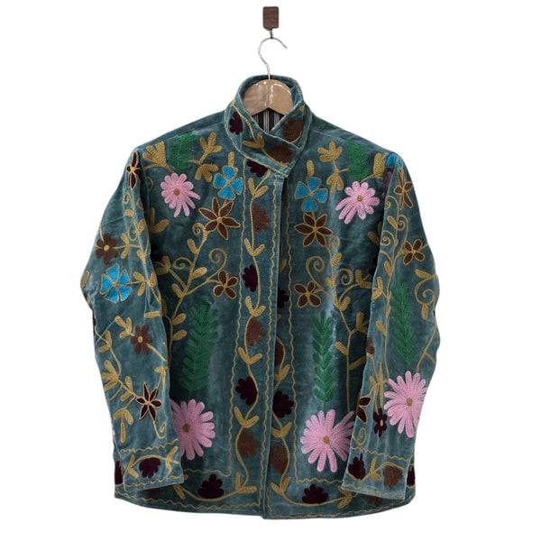 Bohemian Embroidered Suzani Velvet Green Floral Design Jacket - VT25