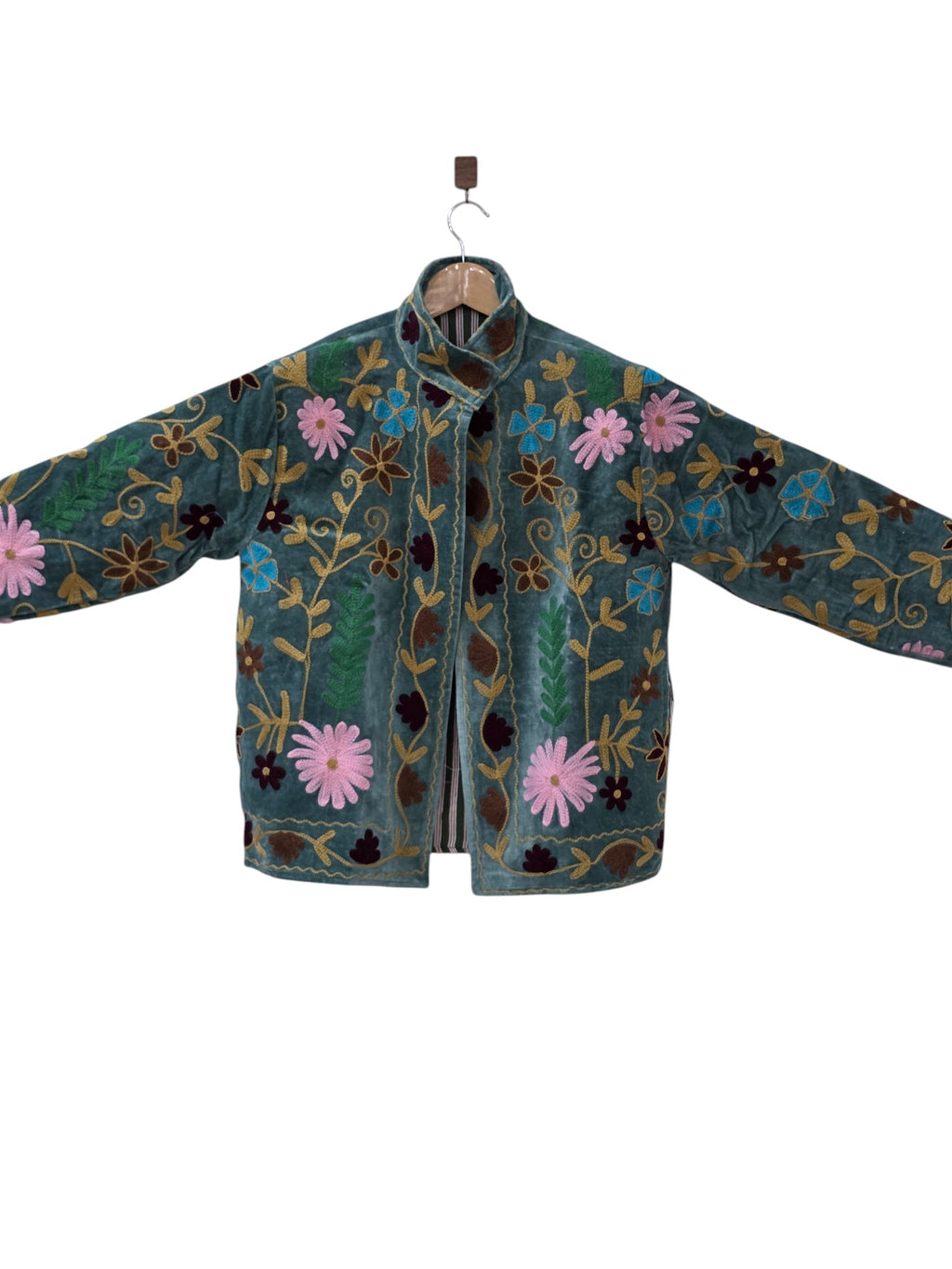 Bohemian Embroidered Suzani Velvet Green Floral Design Jacket - VT25