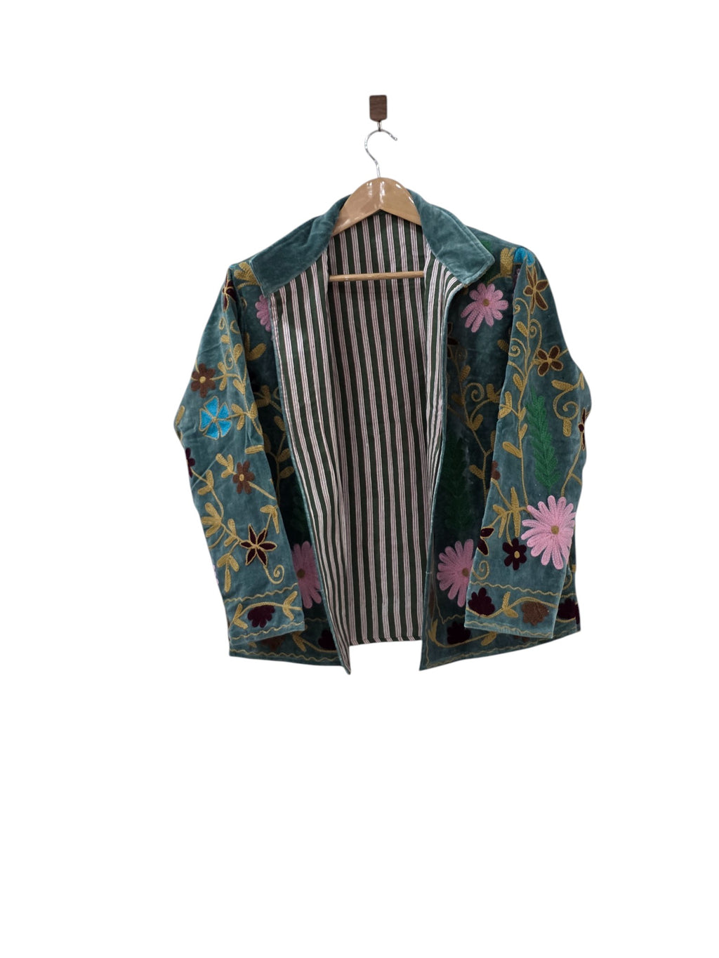 Bohemian Embroidered Suzani Velvet Green Floral Design Jacket - VT25