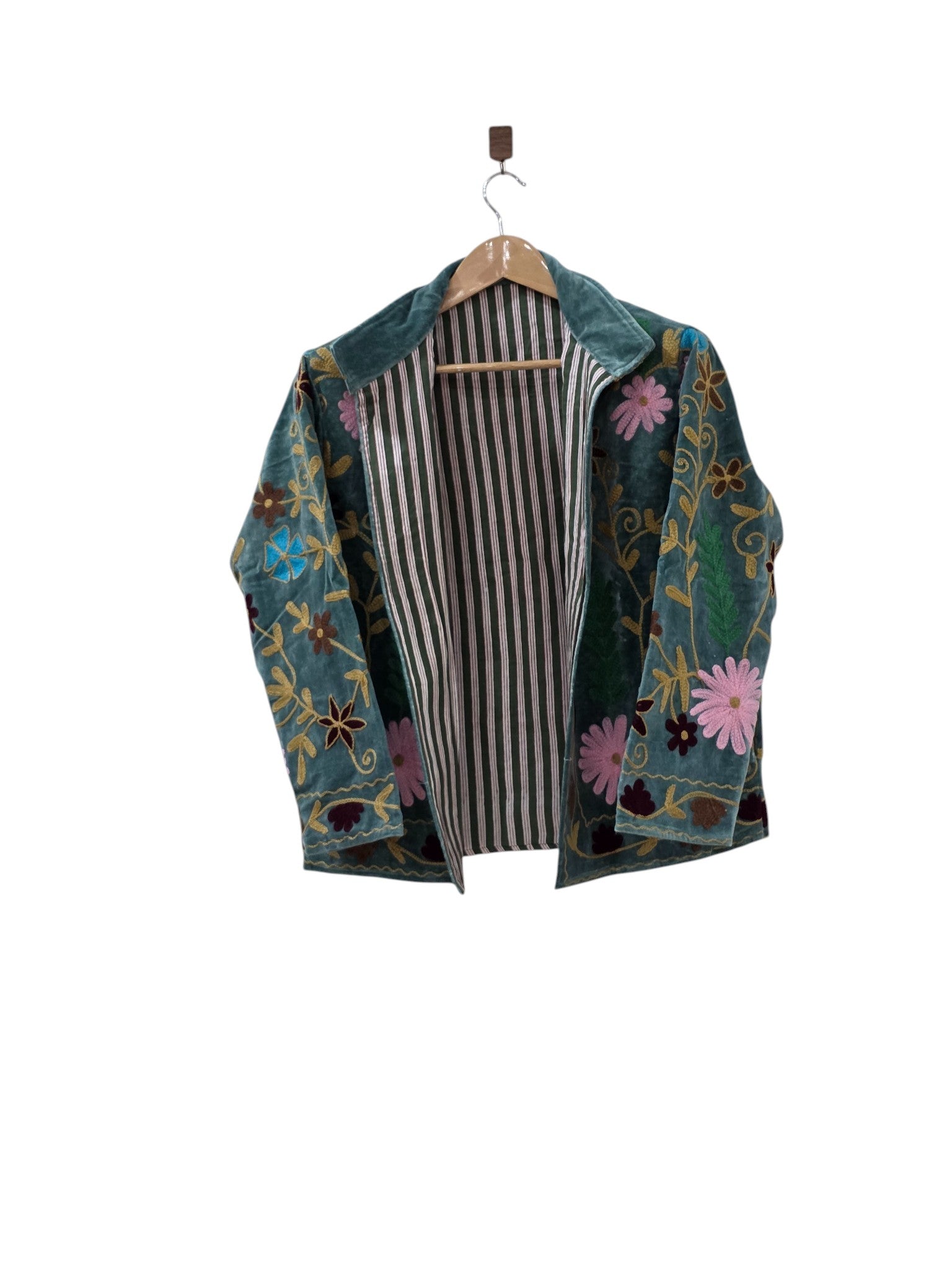 Bohemian Embroidered Suzani Velvet Green Floral Design Jacket - VT25