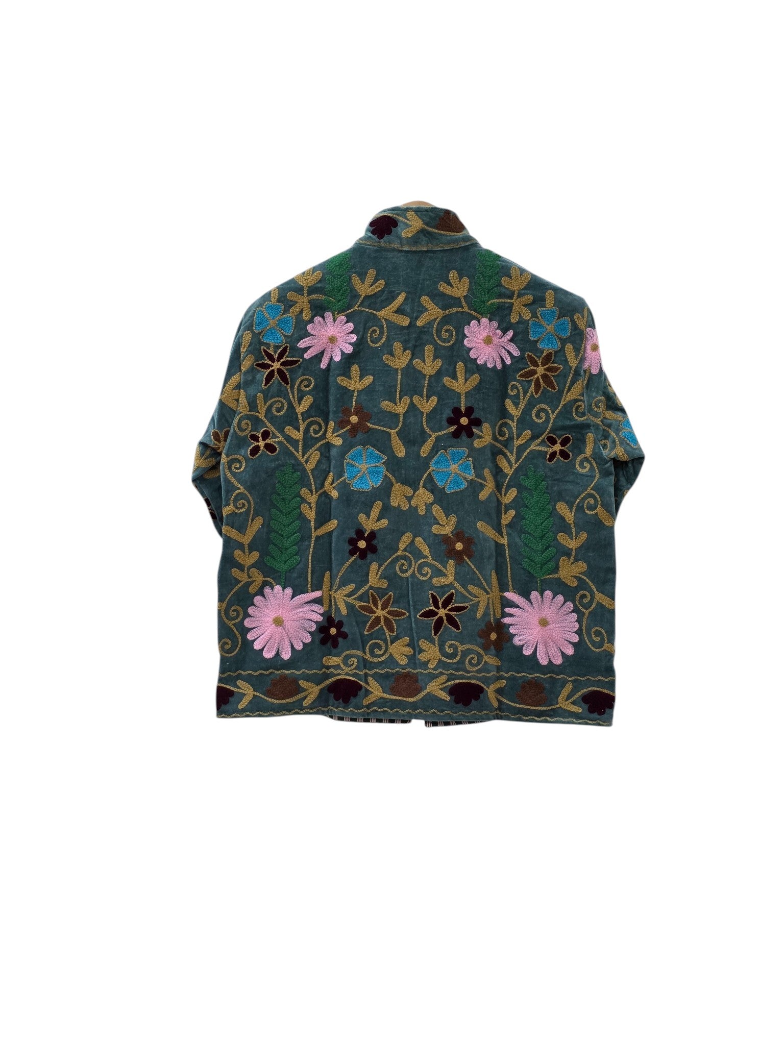 Bohemian Embroidered Suzani Velvet Green Floral Design Jacket - VT25