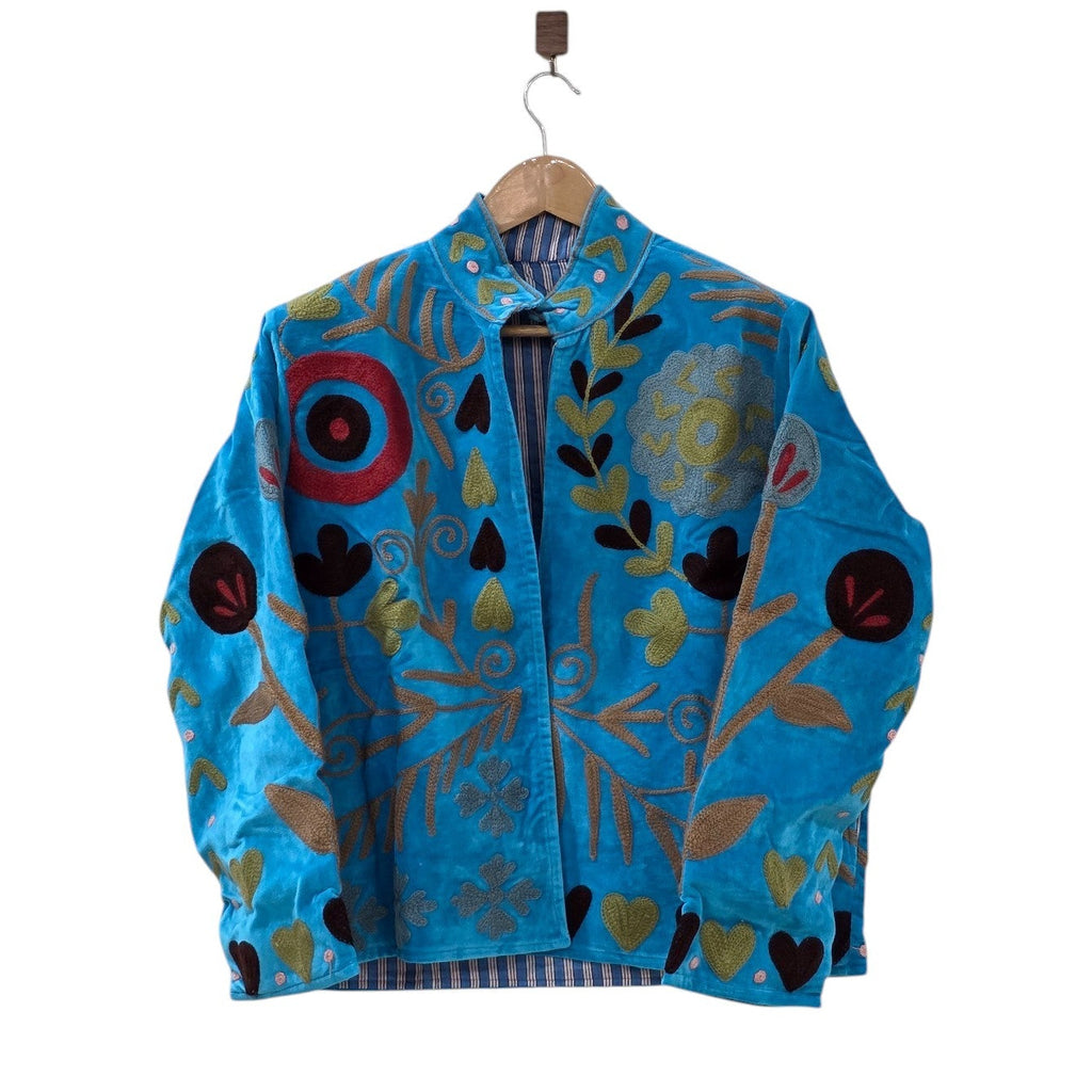 Giacca in velluto ricamata floreale a mano | Cappotto Suzani bohémien blu brillante - VT29