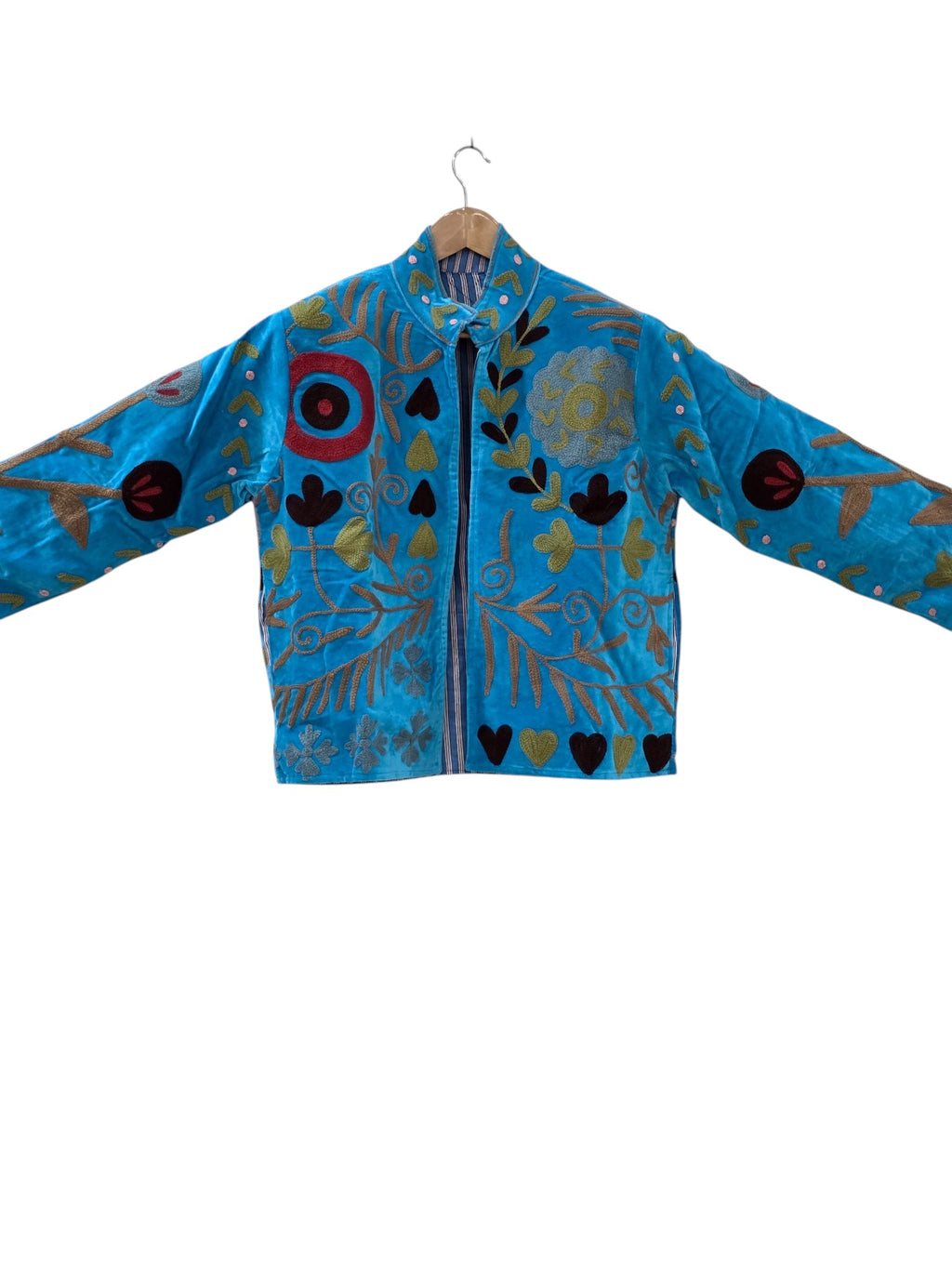 Giacca in velluto ricamata floreale a mano | Cappotto Suzani bohémien blu brillante - VT29