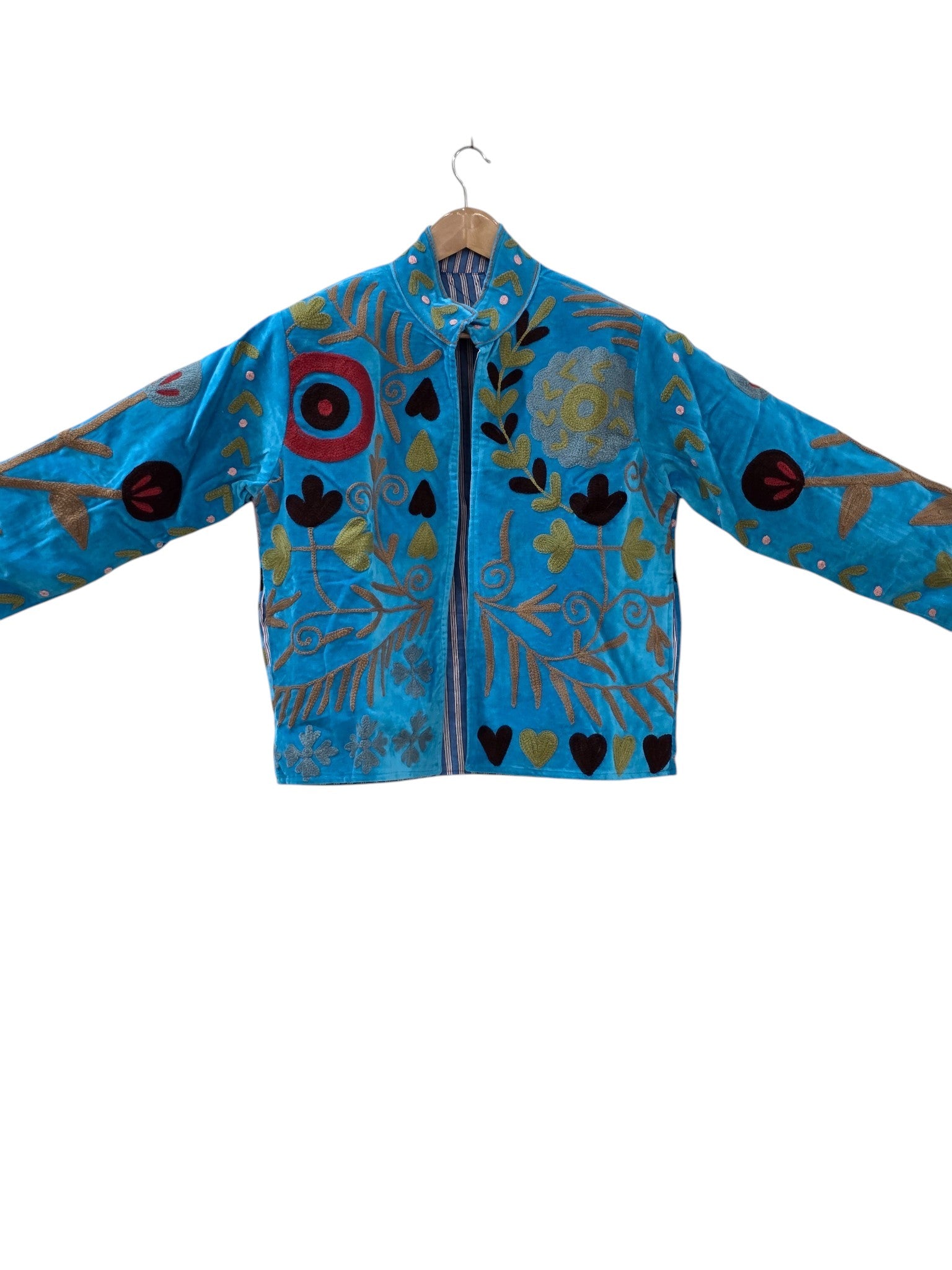 Handbestickte Samtjacke mit Blumenmuster | Hellblauer böhmischer Suzani-Mantel - VT29