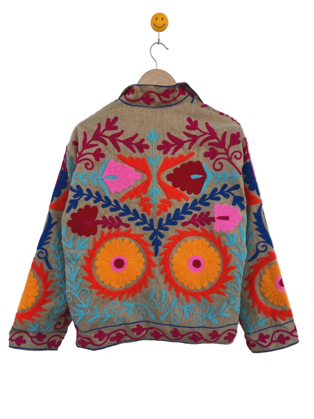 Handmade Khaki TNT Suzani Jacket – Neon Boho Floral Coat - TNT38