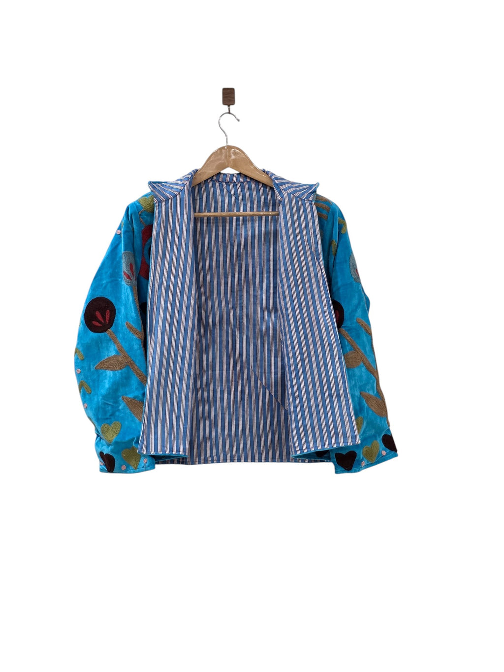 Giacca in velluto ricamata floreale a mano | Cappotto Suzani bohémien blu brillante - VT29