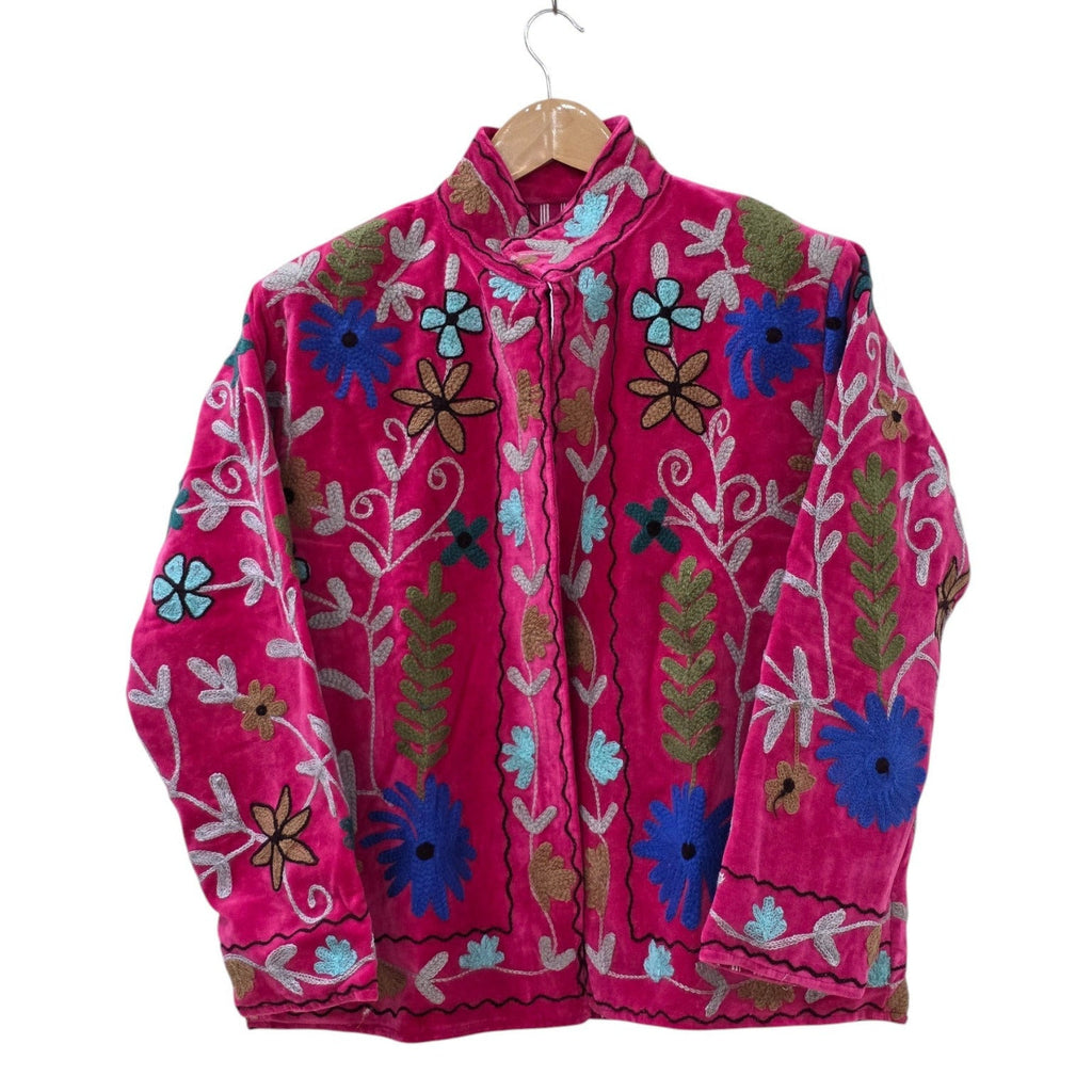 Giacca in velluto ricamata a mano floreale | Cappotto Suzani bohémien rosa - VT30