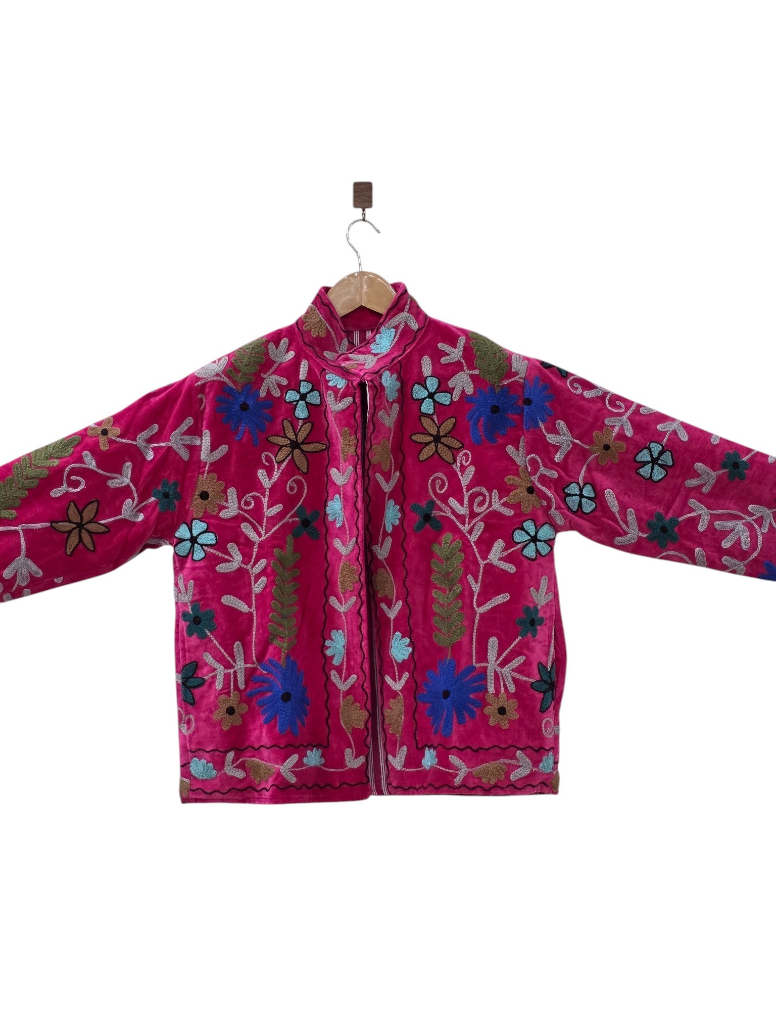 Handgemachte Floral Bestickte Samtjacke | Rosa Böhmischer Suzani Mantel - VT30