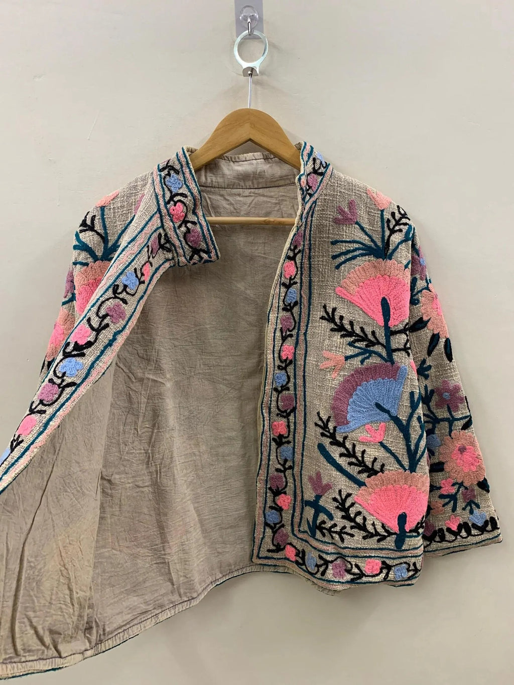 Handmade Beige TNT Suzani Jacket – Pink & Blue Floral Boho Coat - TNT39