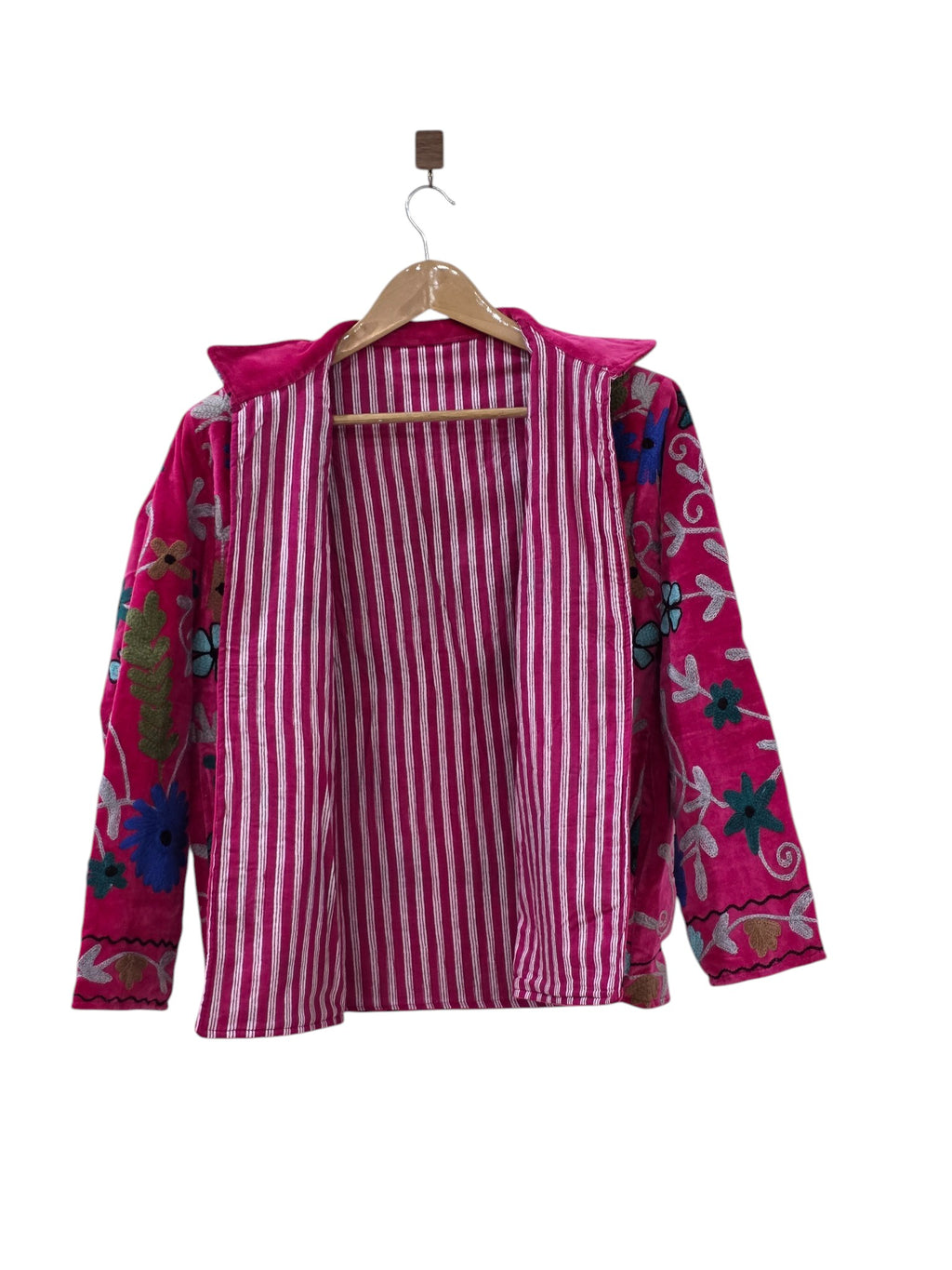 Giacca in velluto ricamata a mano floreale | Cappotto Suzani bohémien rosa - VT30