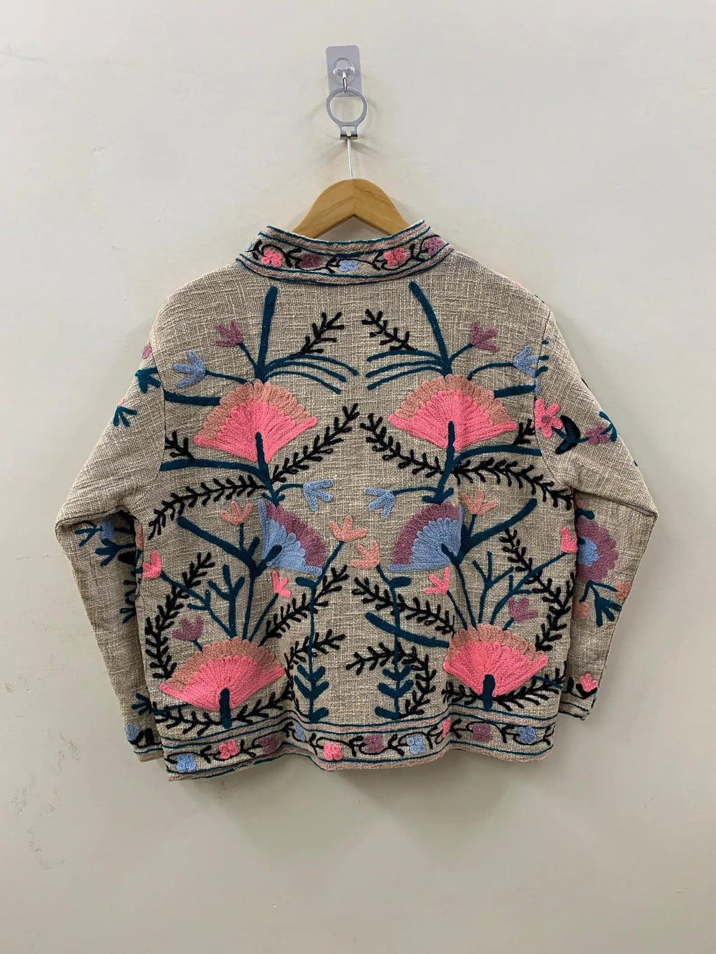 Handmade Beige TNT Suzani Jacket – Pink & Blue Floral Boho Coat - TNT39