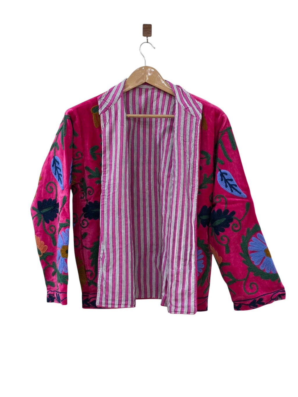 Giacca Suzani Ricamata in Velluto Rosa | Cappotto Floreale Boho - VT31