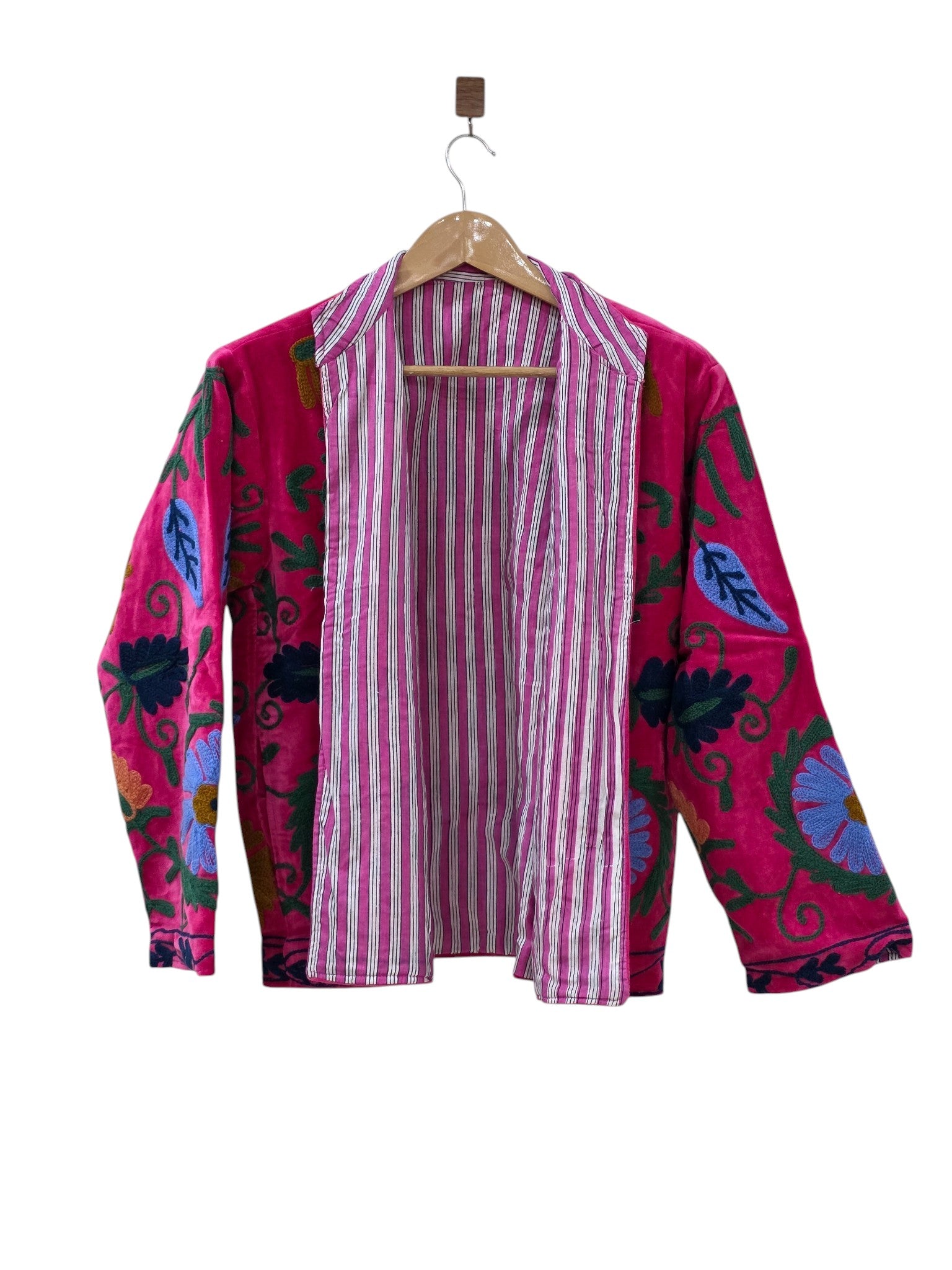 Rosa Samt Bestickte Suzani Jacke | Boho Blumenmantel - VT31