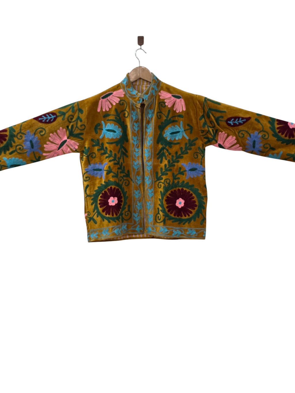 Mustard Gold Velvet Embroidered Suzani Jacket | Boho Floral Coat - VT32