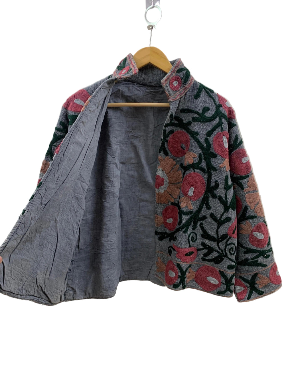 Handmade Dark Grey TNT Suzani Jacket – Boho Pomegranate Coat - TNT40