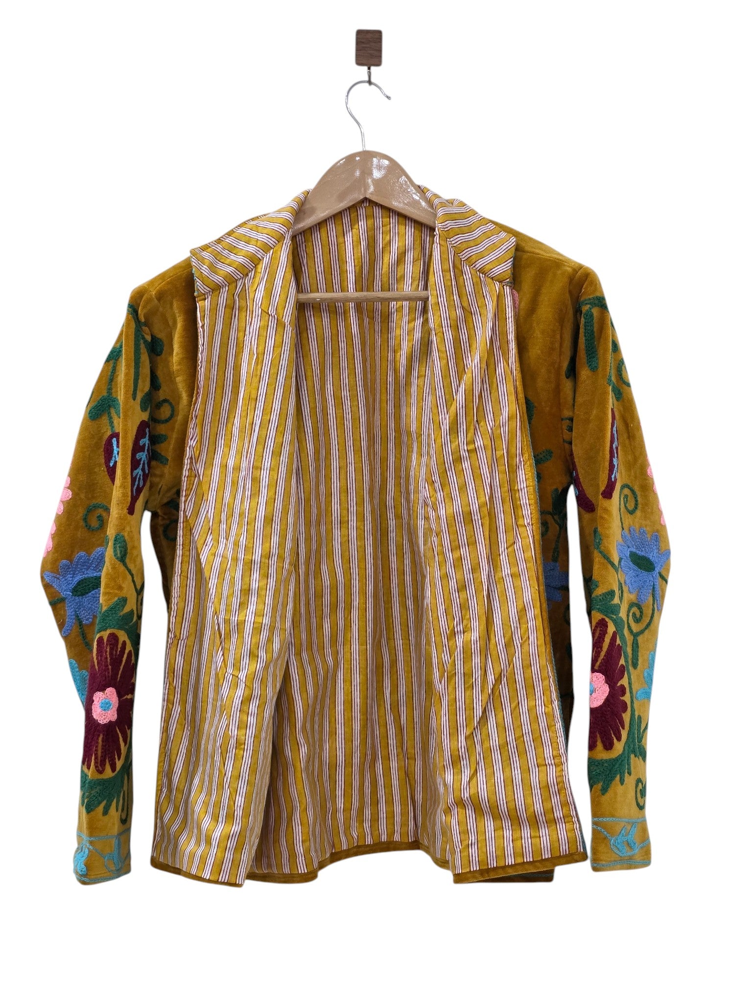 Mustard Gold Velvet Embroidered Suzani Jacket | Boho Floral Coat - VT32