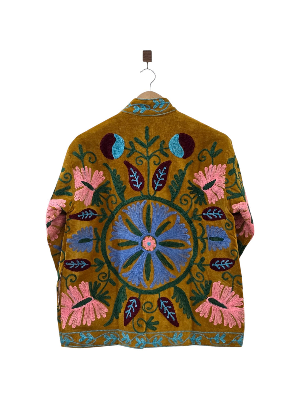 Mustard Gold Velvet Embroidered Suzani Jacket | Boho Floral Coat - VT32