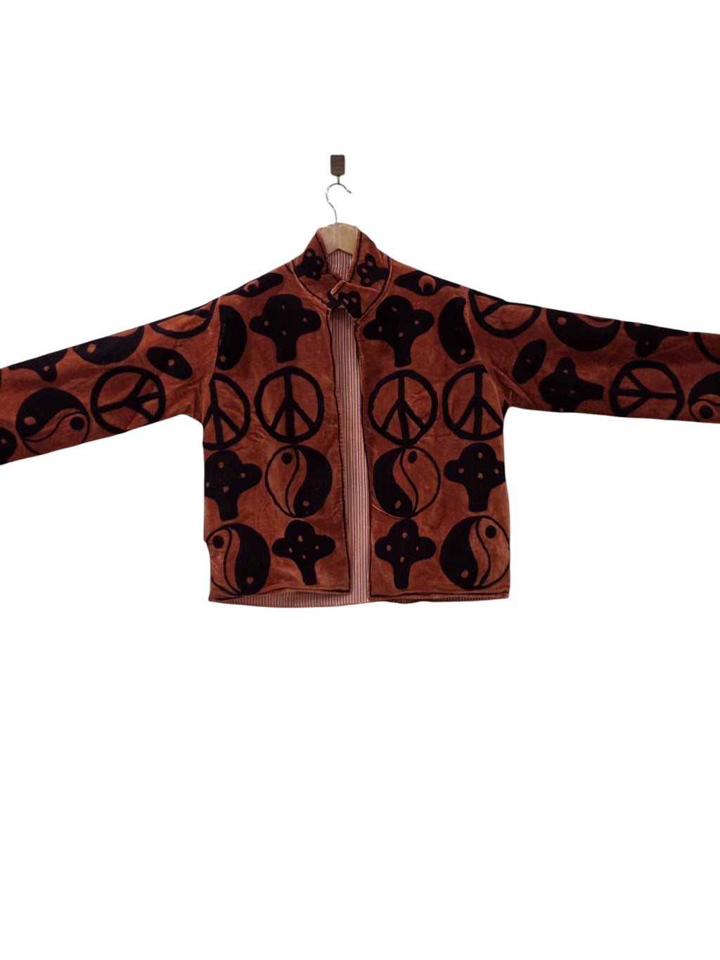 Rust Brown Velvet Retro Symbol Jacket | Peace Sign & Yin Yang Boho Coat - VT33