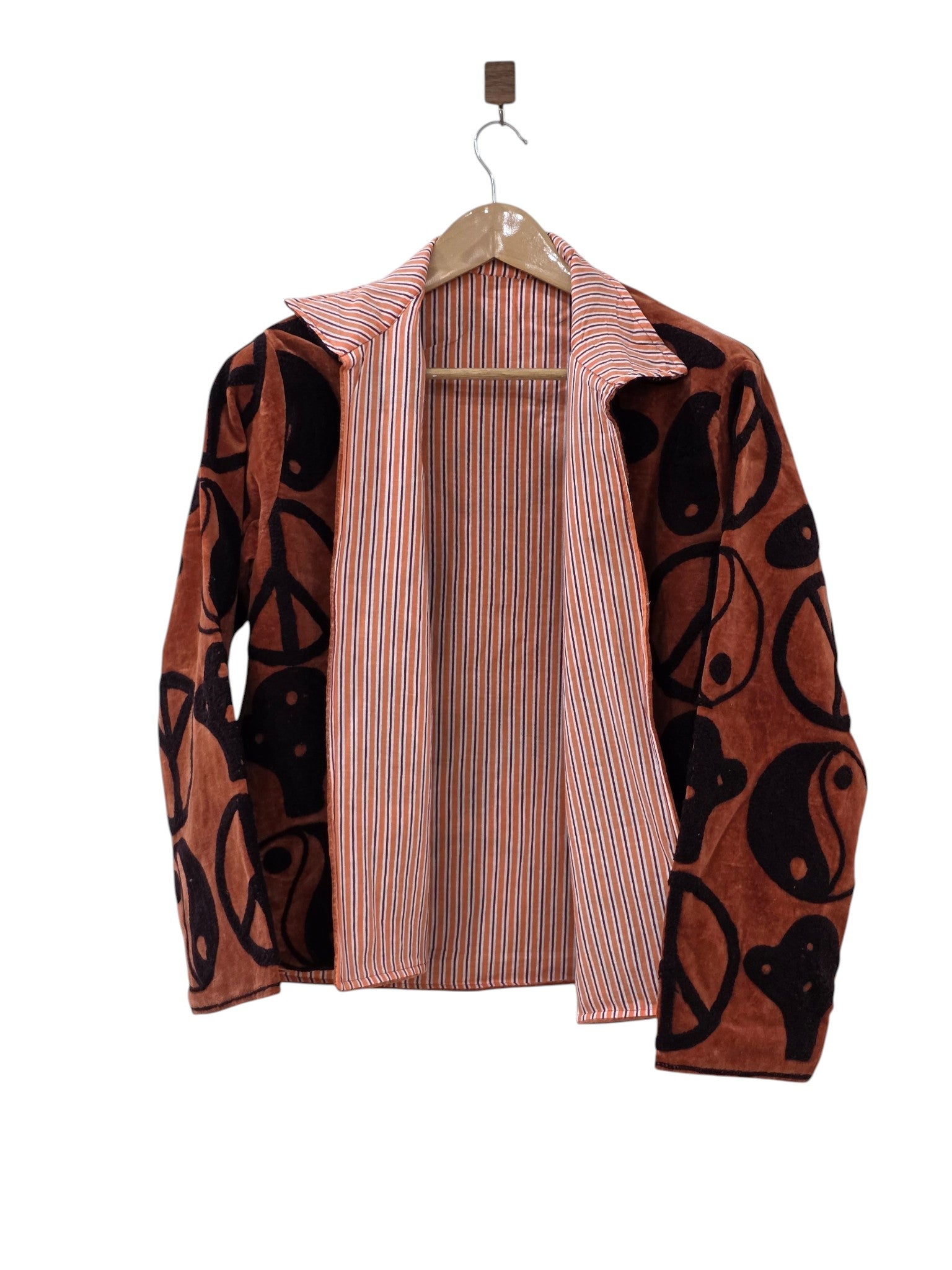 Rust Brown Velvet Retro Symbol Jacket | Peace Sign & Yin Yang Boho Coat - VT33
