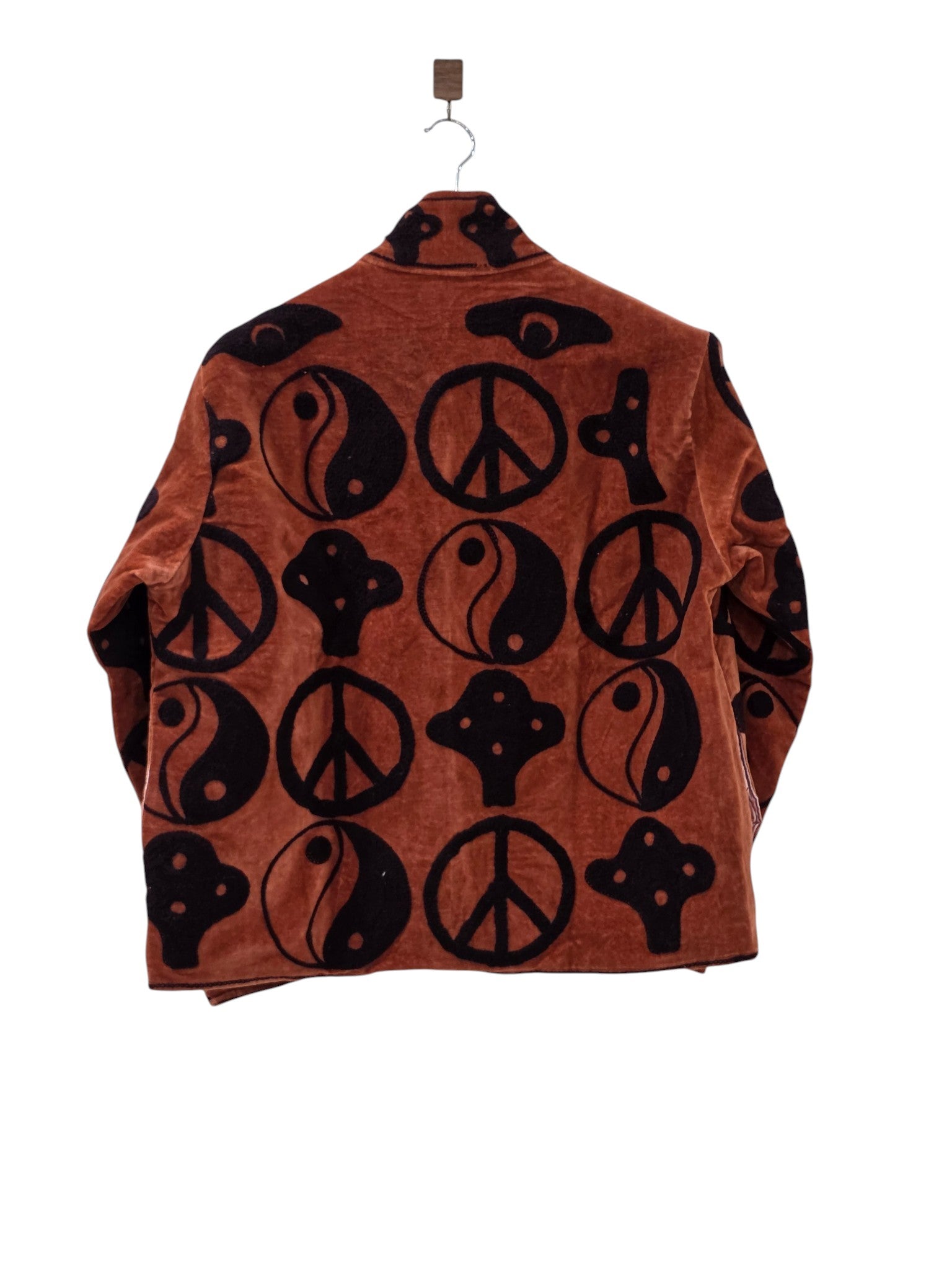 Rust Brown Velvet Retro Symbol Jacket | Peace Sign & Yin Yang Boho Coat - VT33