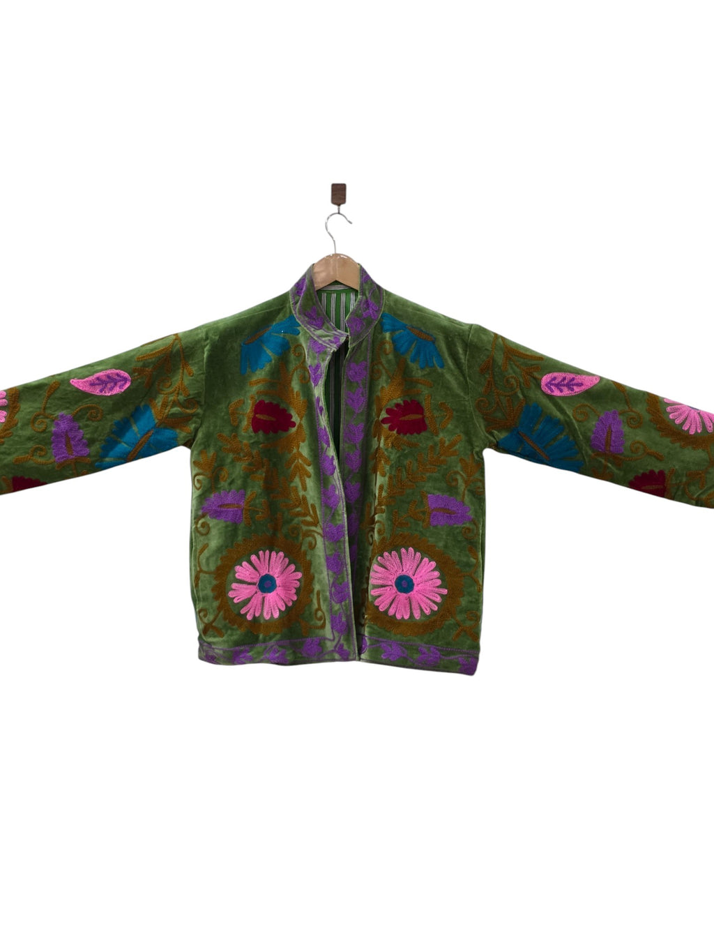 Moss Green Velvet Embroidered Suzani Jacket | Boho Floral Coat - VT34