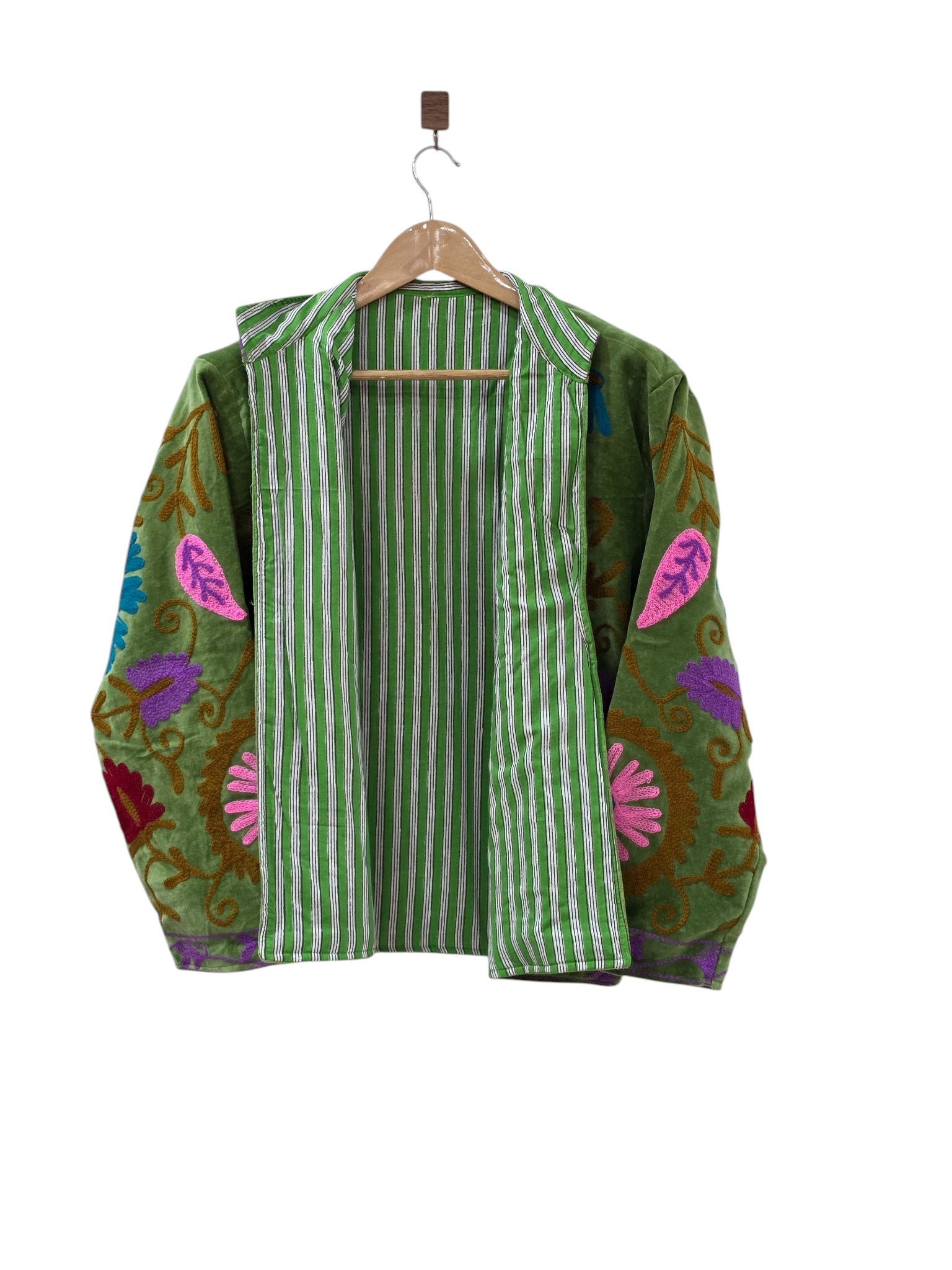 Moss Green Velvet Embroidered Suzani Jacket | Boho Floral Coat - VT34