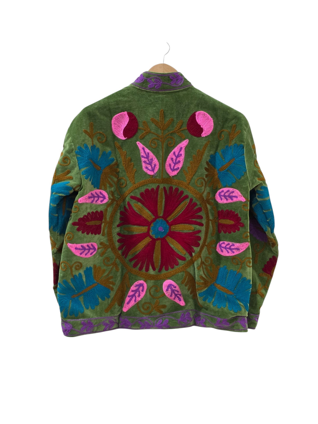 Moss Green Velvet Embroidered Suzani Jacket | Boho Floral Coat - VT34
