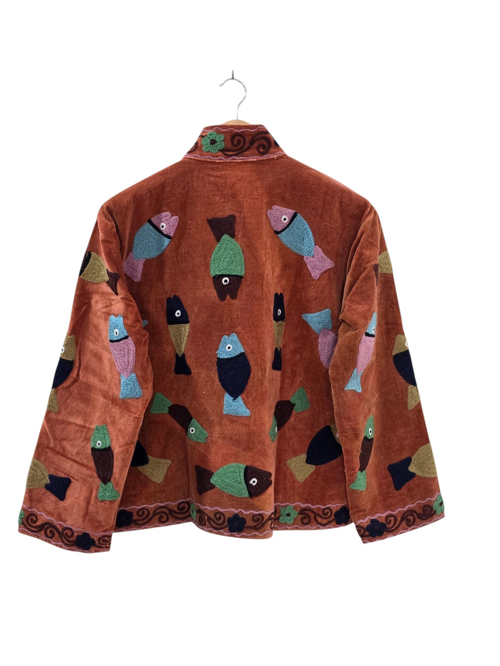 Terracotta Velvet Fish Motif Jacket | Quirky Bohemian Statement Coat - VT35