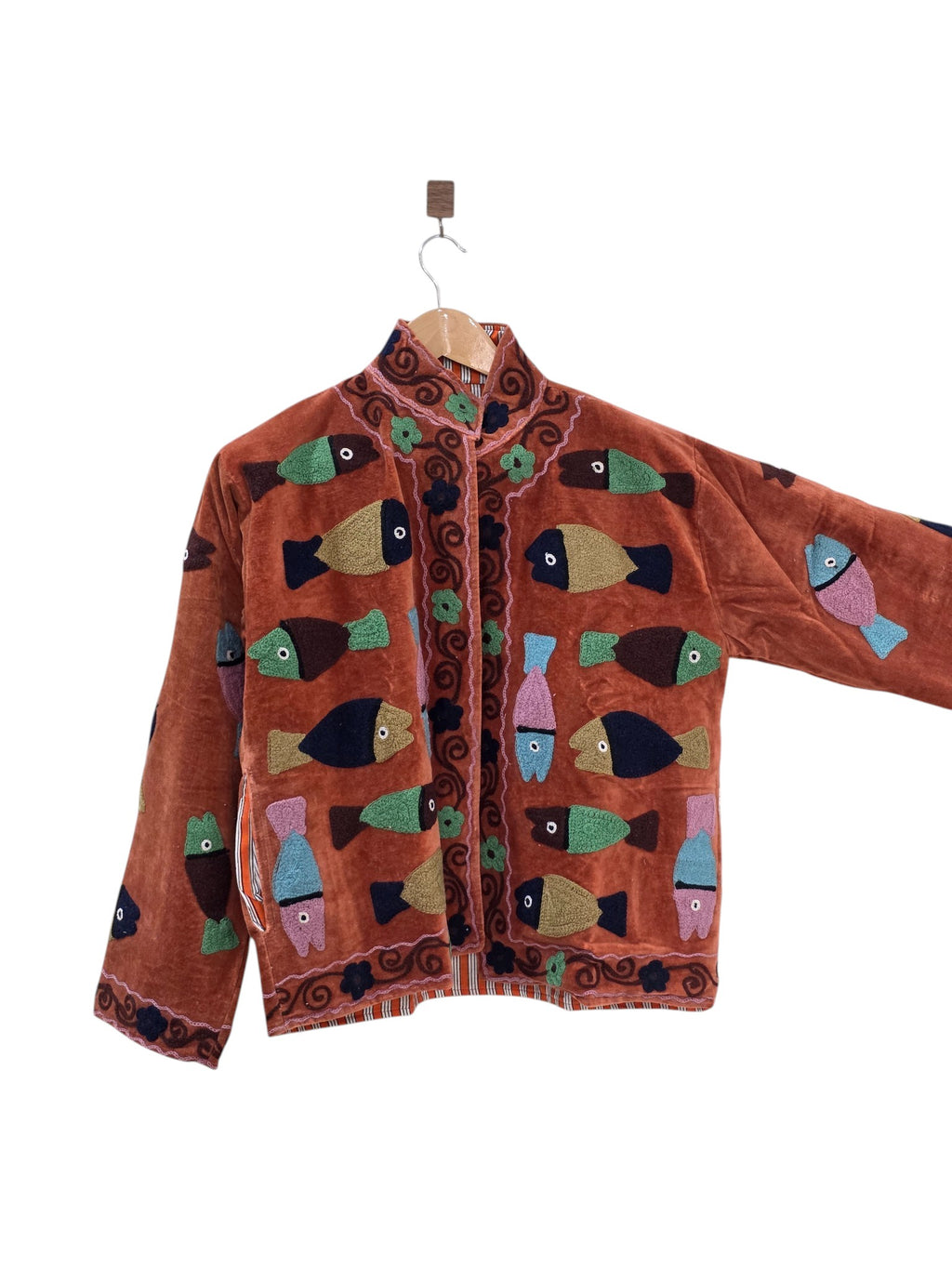 Terracotta Velvet Fish Motif Jacket | Quirky Bohemian Statement Coat - VT35