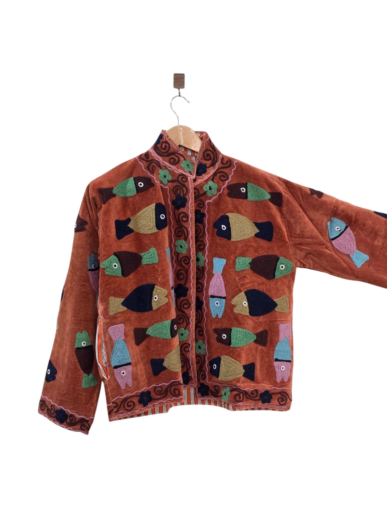 Terracotta Velvet Fish Motif Jacket | Quirky Bohemian Statement Coat - VT35