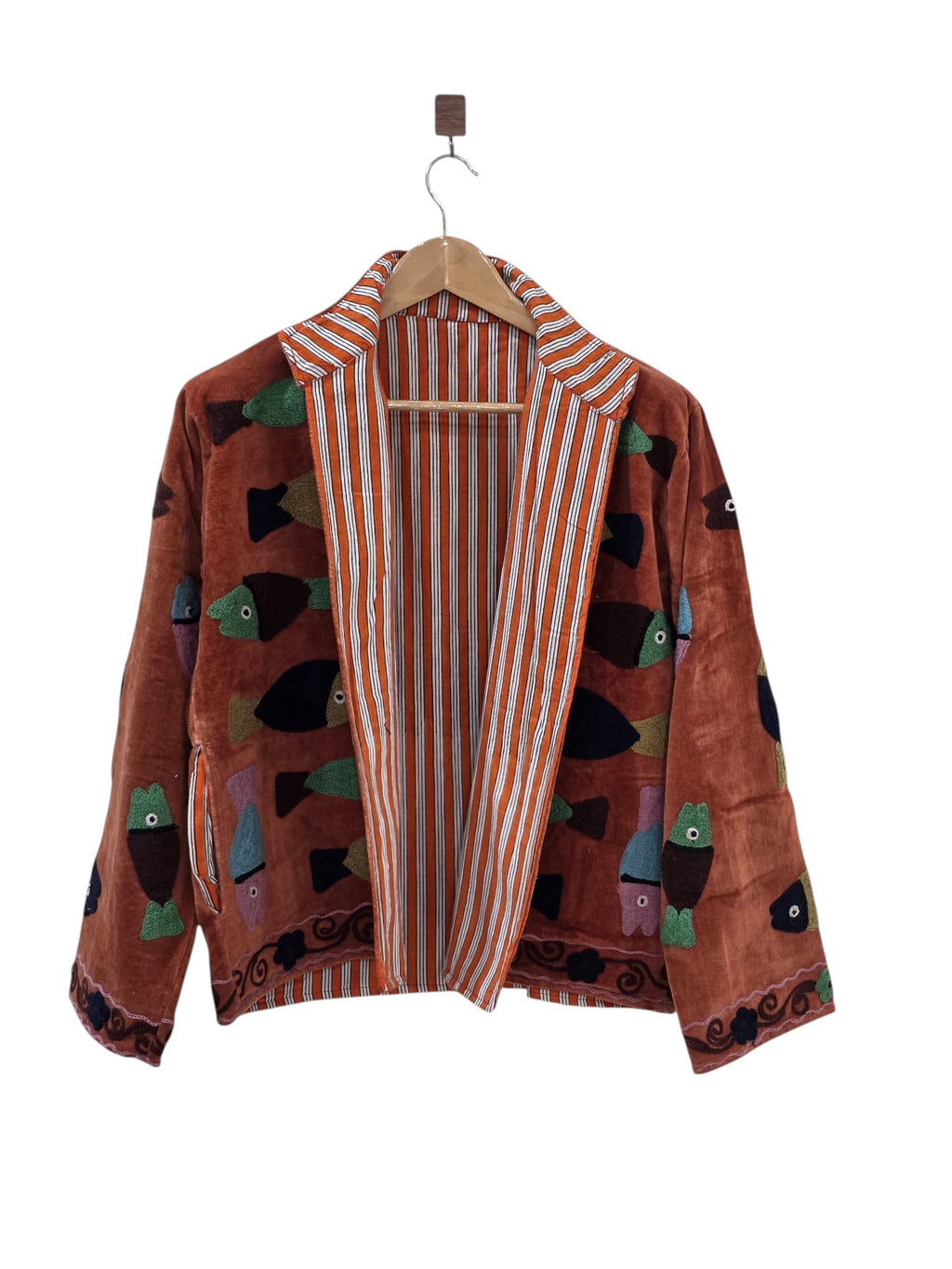 Terracotta Velvet Fish Motif Jacket | Quirky Bohemian Statement Coat - VT35