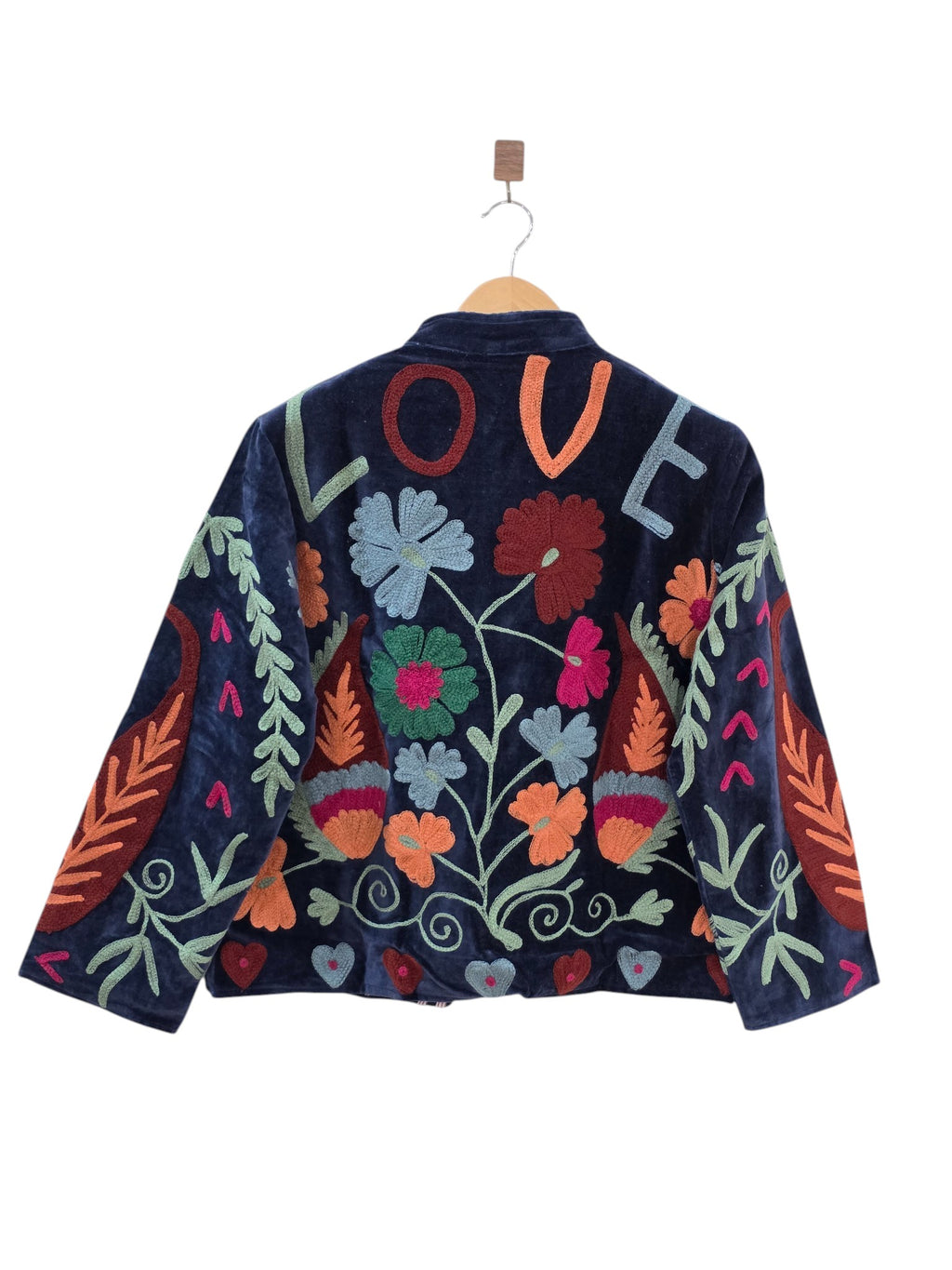 Midnight Blue Velvet Embroidered Suzani Jacket | Boho Floral Coat - VT36