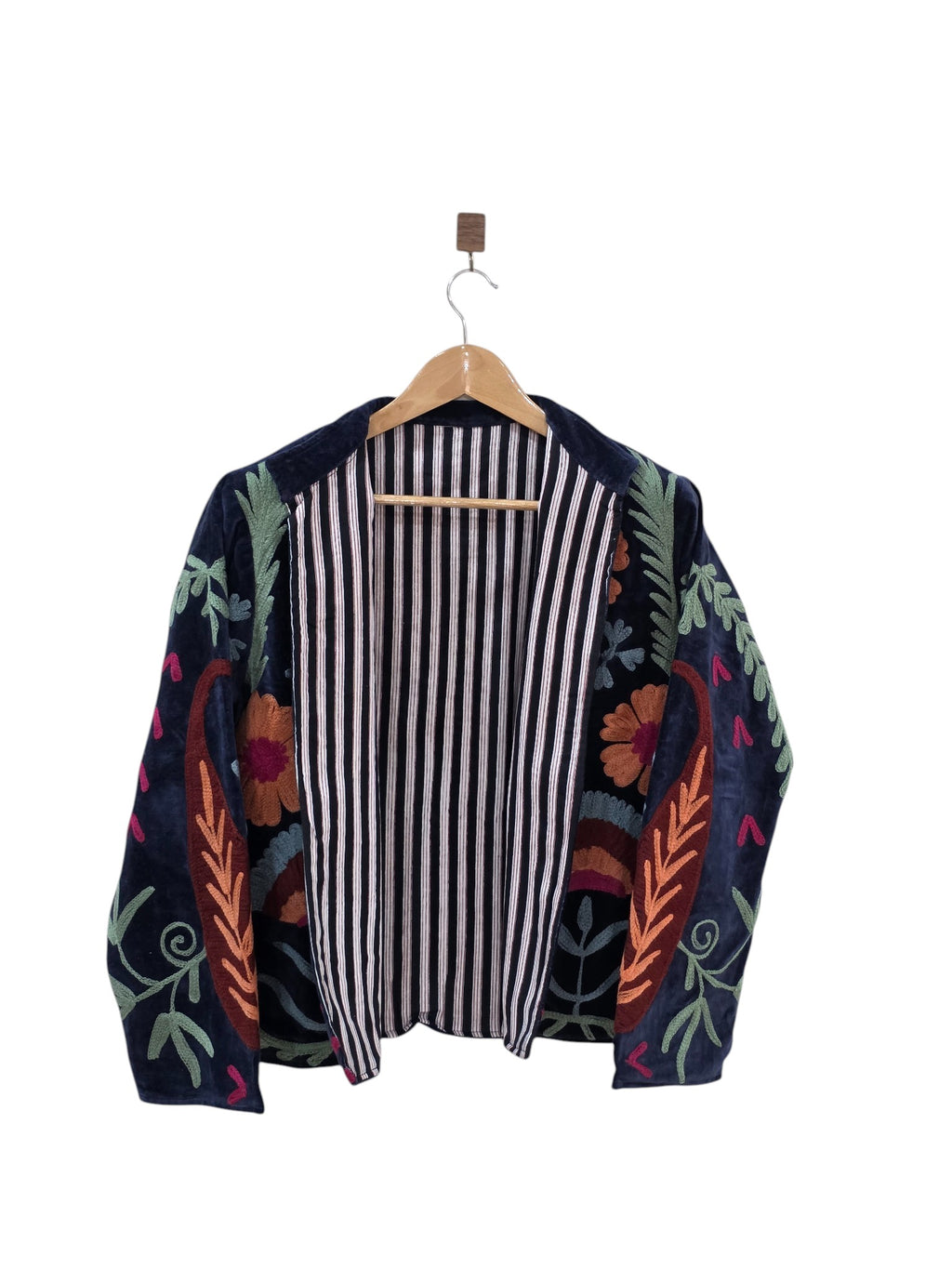 Midnight Blue Velvet Embroidered Suzani Jacket | Boho Floral Coat - VT36