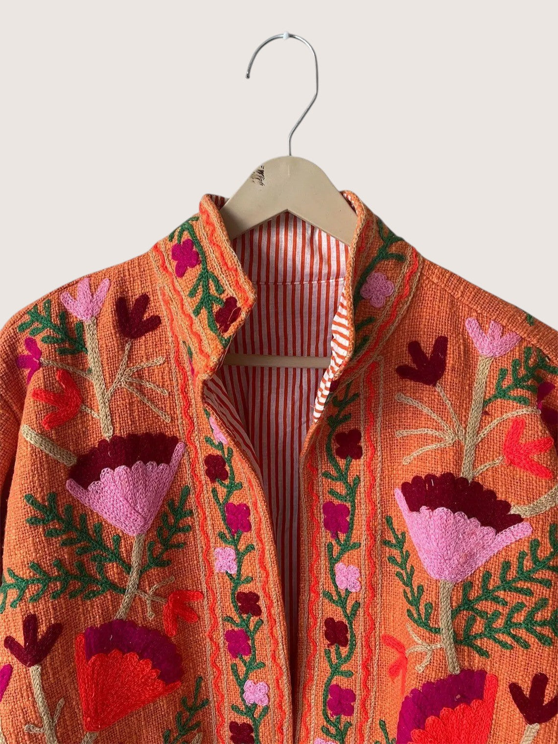 Handmade Orange Floral TNT Suzani Jacket – Boho Lined Embroidered Coat - TNT19