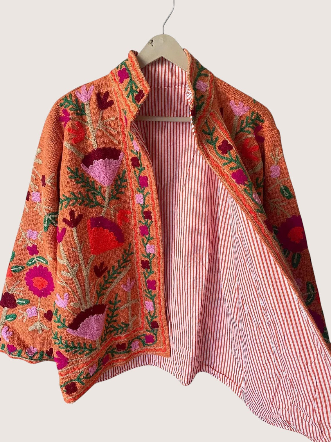 Handmade Orange Floral TNT Suzani Jacket – Boho Lined Embroidered Coat - TNT19