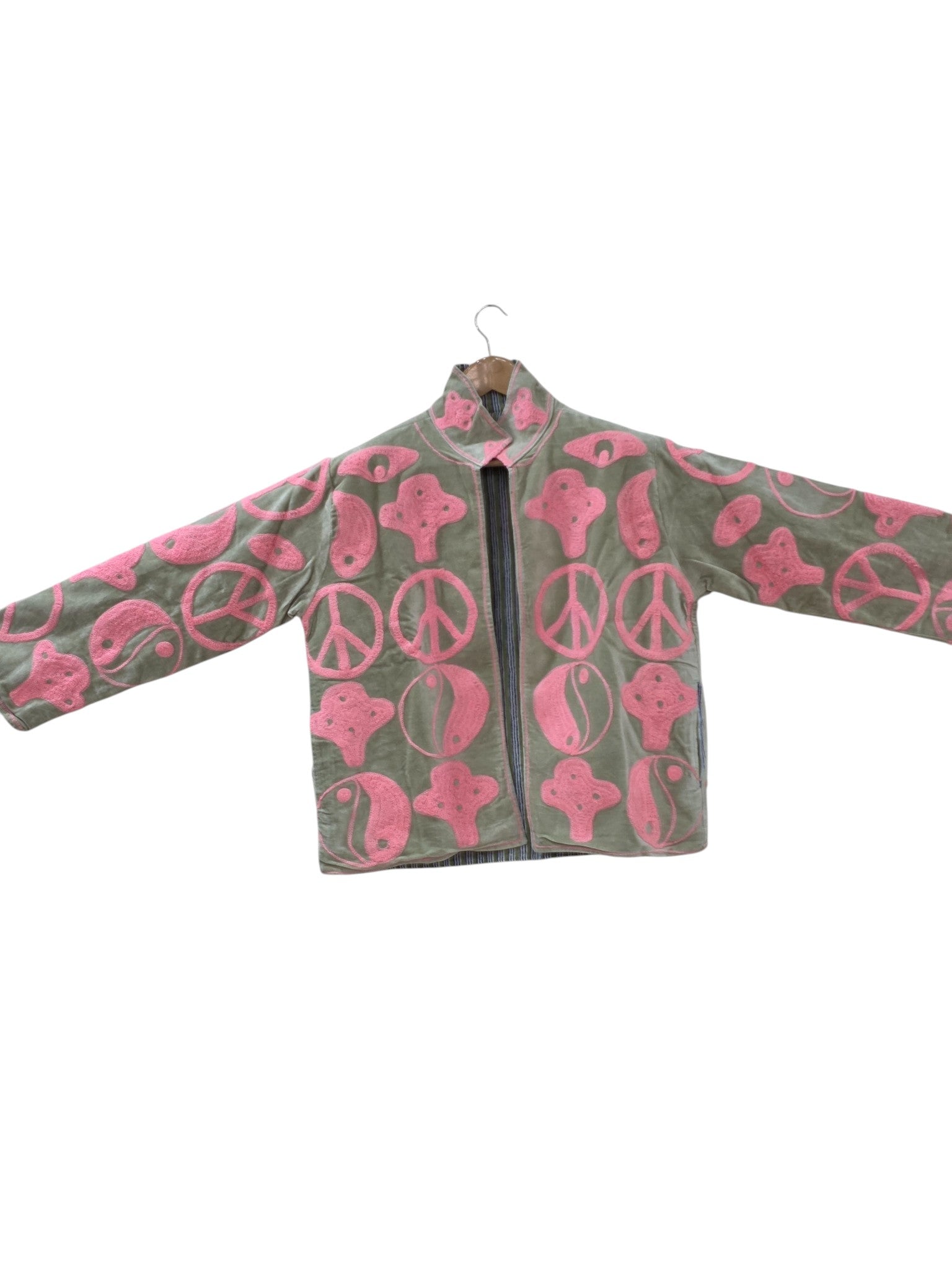Giacca in velluto Suzani ricamata rosa indiano unisex - VT05