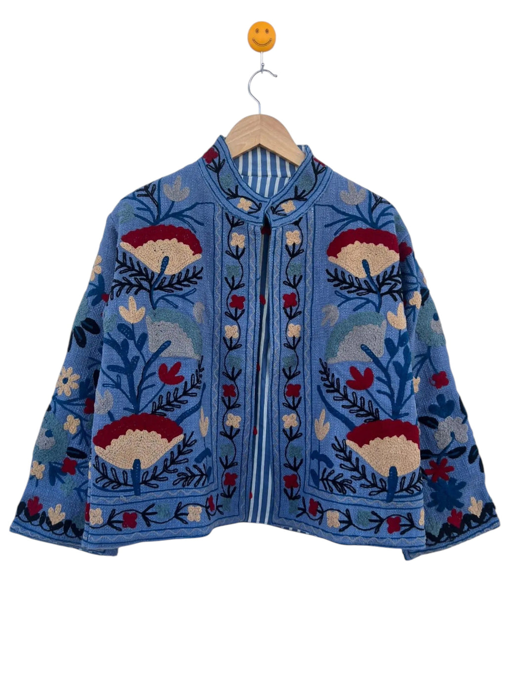 Handmade Blue Floral TNT Suzani Jacket – Boho Embroidered Short Coat - TNT05