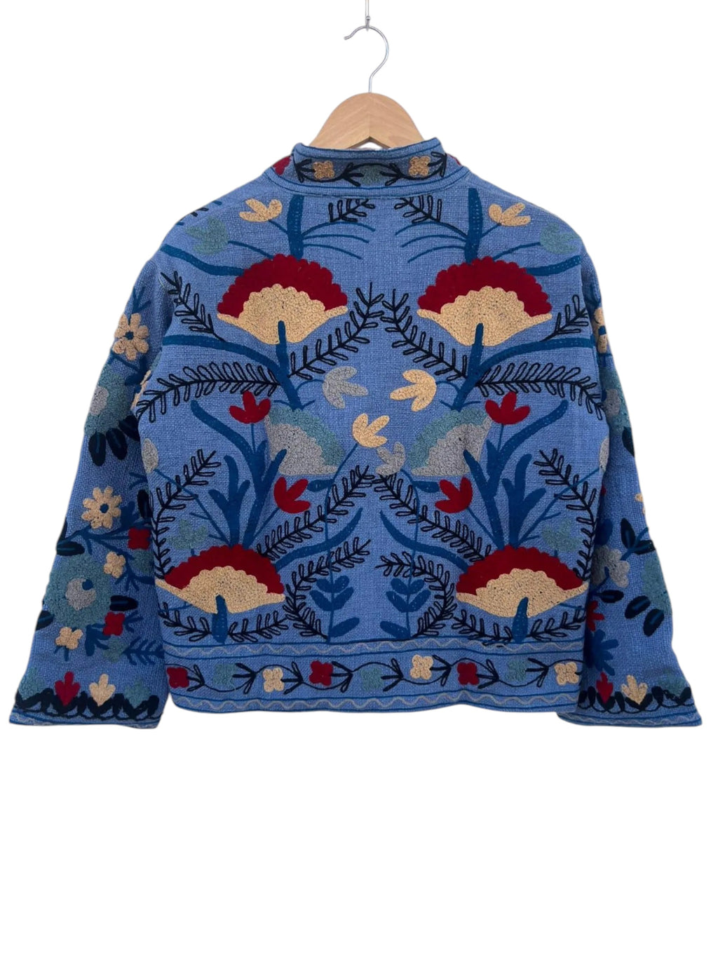 Handmade Blue Floral TNT Suzani Jacket – Boho Embroidered Short Coat - TNT05