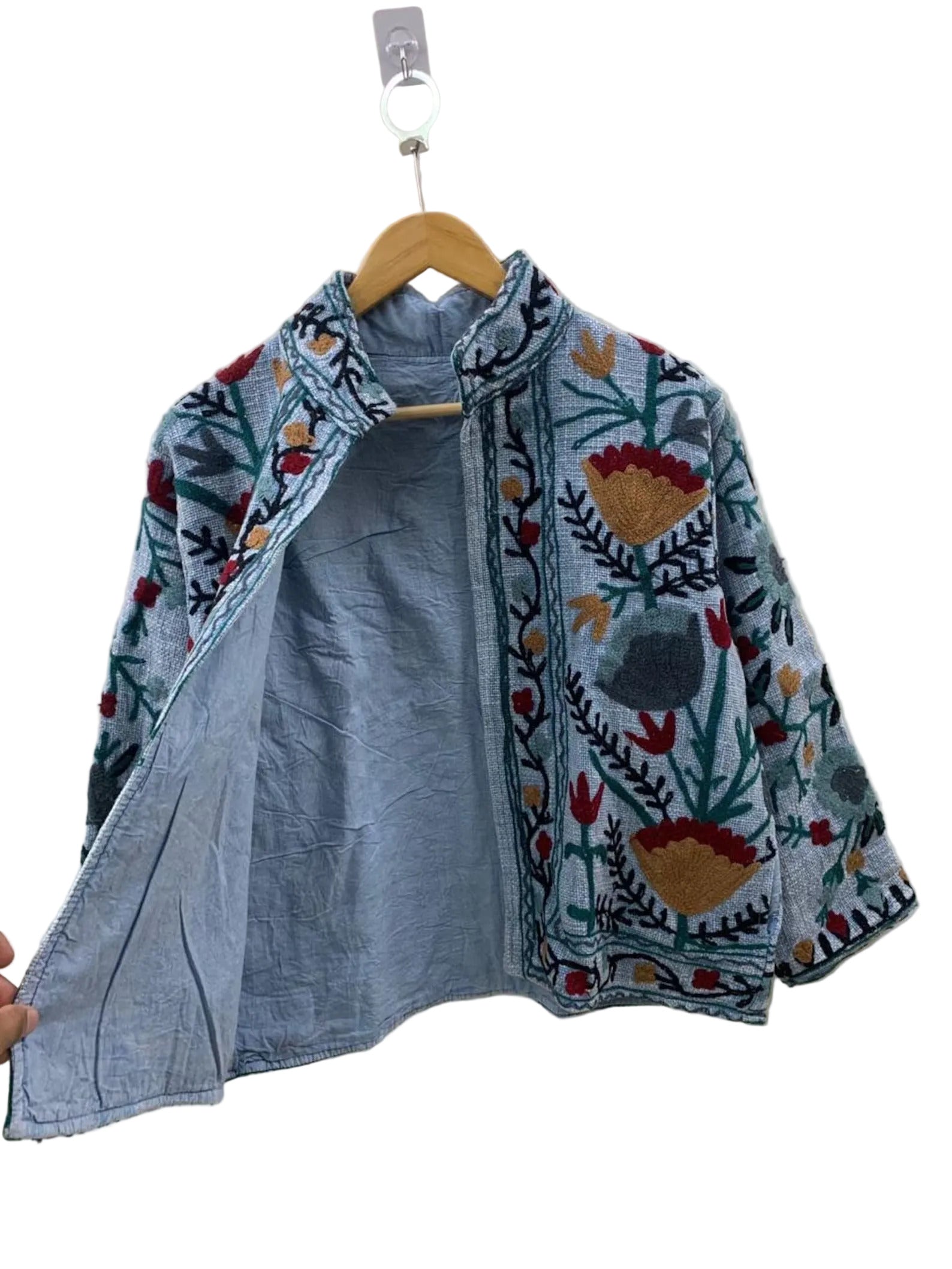 Handmade Light Blue TNT Suzani Jacket – Boho Floral Embroidered Coat - TNT23