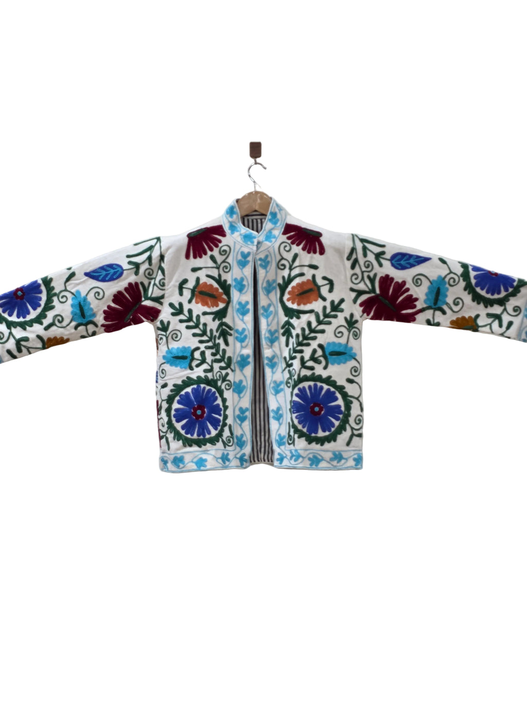 Handbestickte Suzani Samtjacke in Weiß - VT02