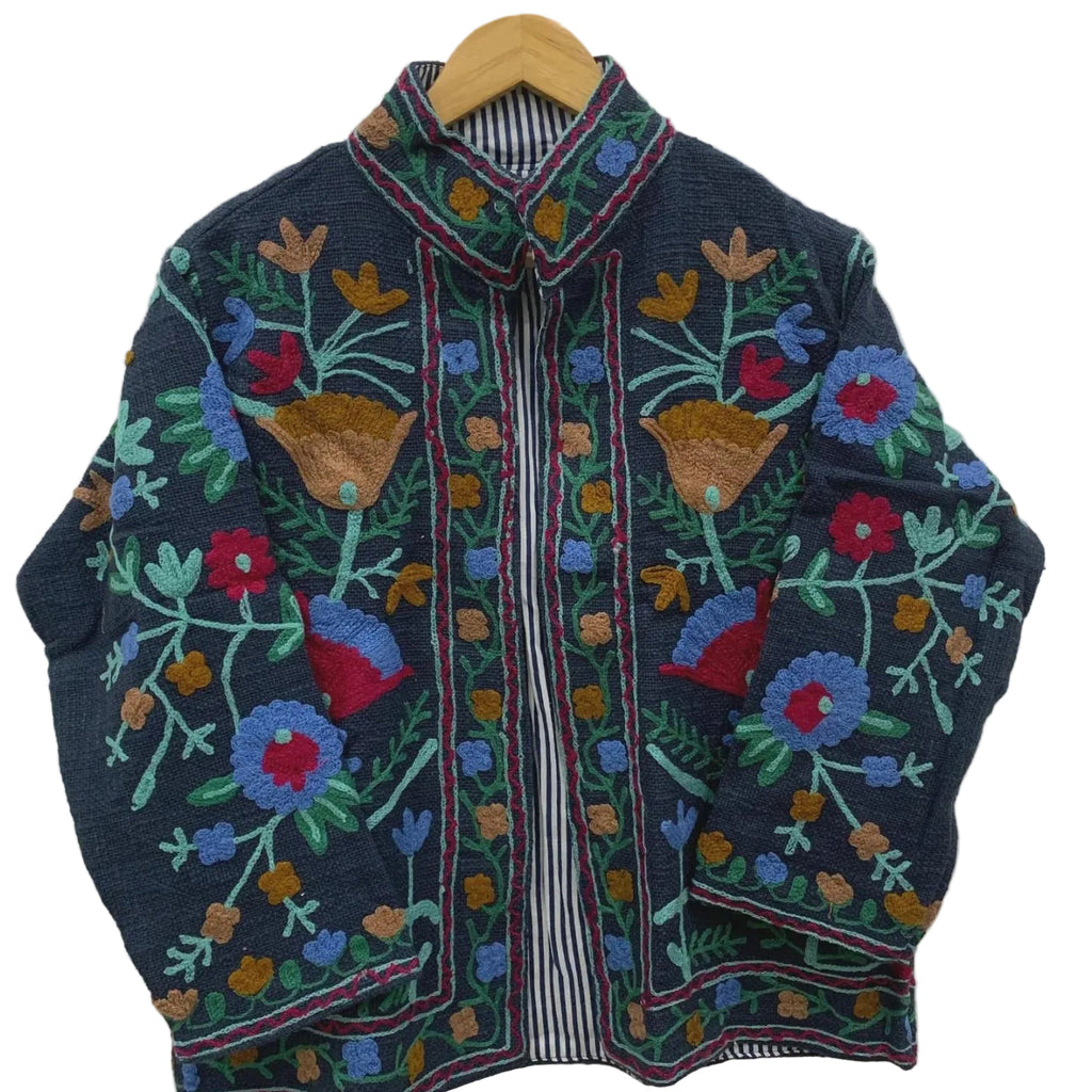 Handmade Indian black Kantha embroidered Suzani tnt jacket featuring a multicolored floral pattern, long sleeves, and a contrasting striped lining.