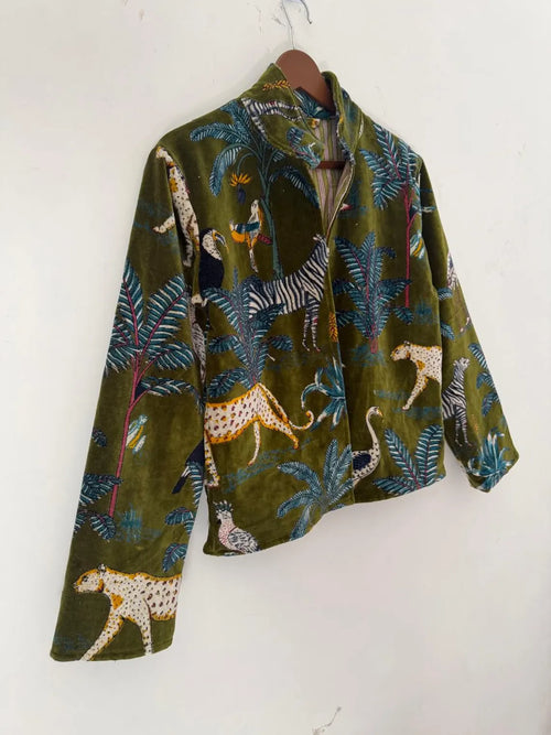 Green Velvet Safari Animal Print Jacket | TNT Jackets Coat - TNT46