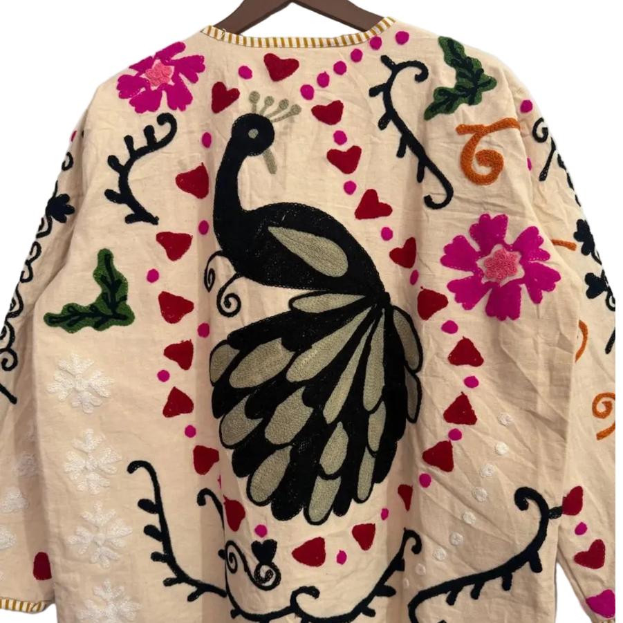Cream Floral & Heart Embroidered Boho Jacket | TNT Jackets Coat-TNT47