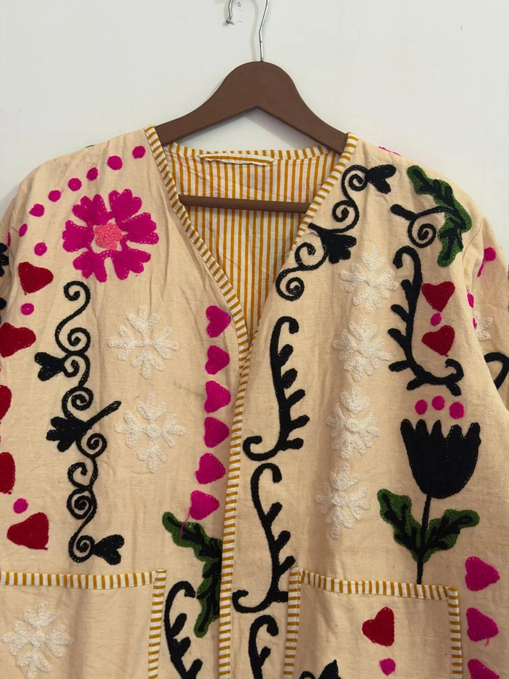 Cream Floral & Heart Embroidered Boho Jacket | TNT Jackets Coat-TNT47