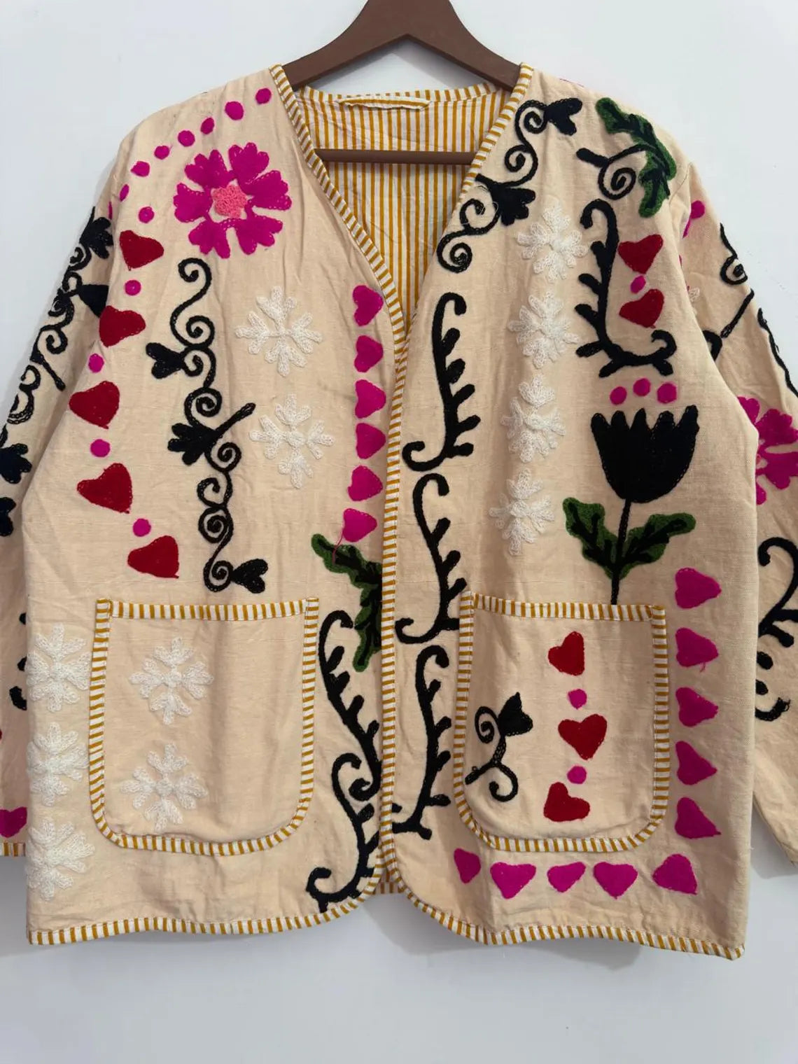 Cream Floral & Heart Embroidered Boho Jacket | TNT Jackets Coat-TNT47