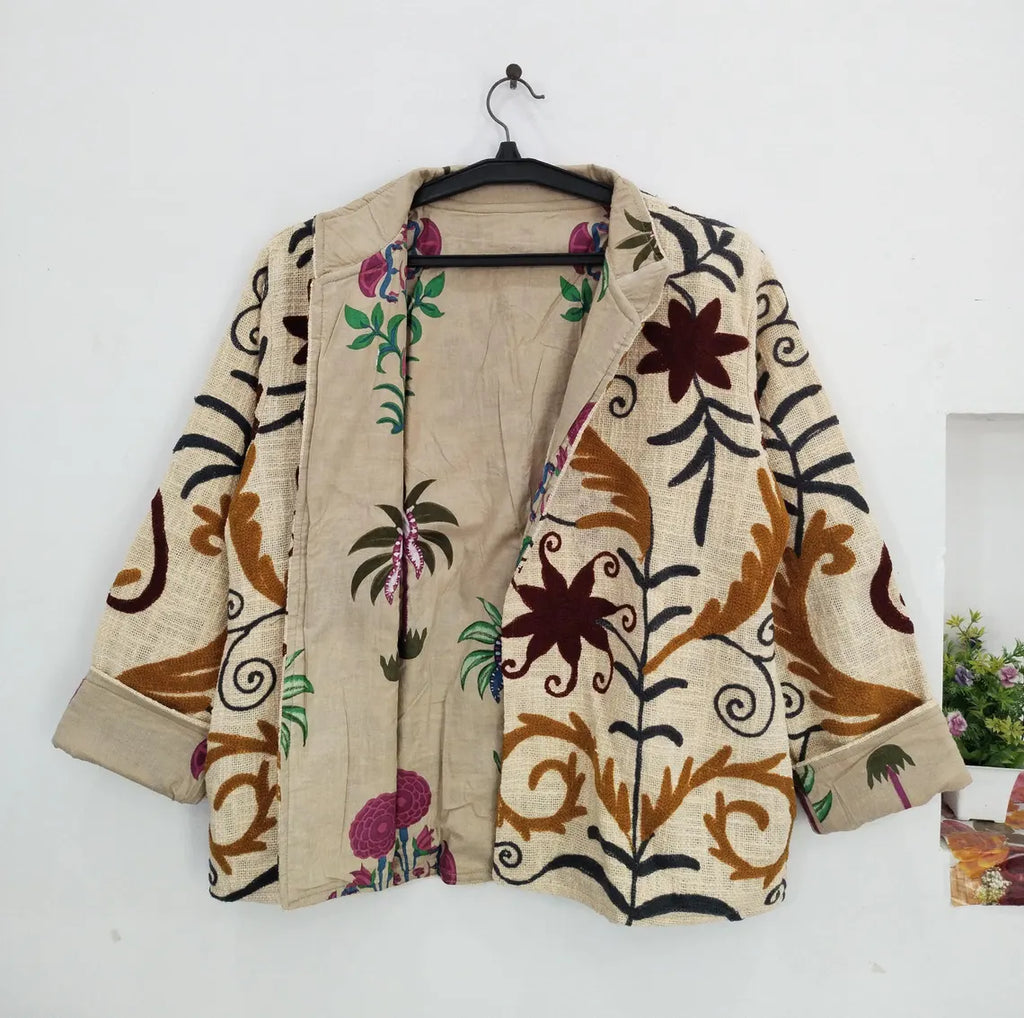 Handmade Cream TNT Suzani Jacket – Earthy Boho Embroidered Coat-TNT58