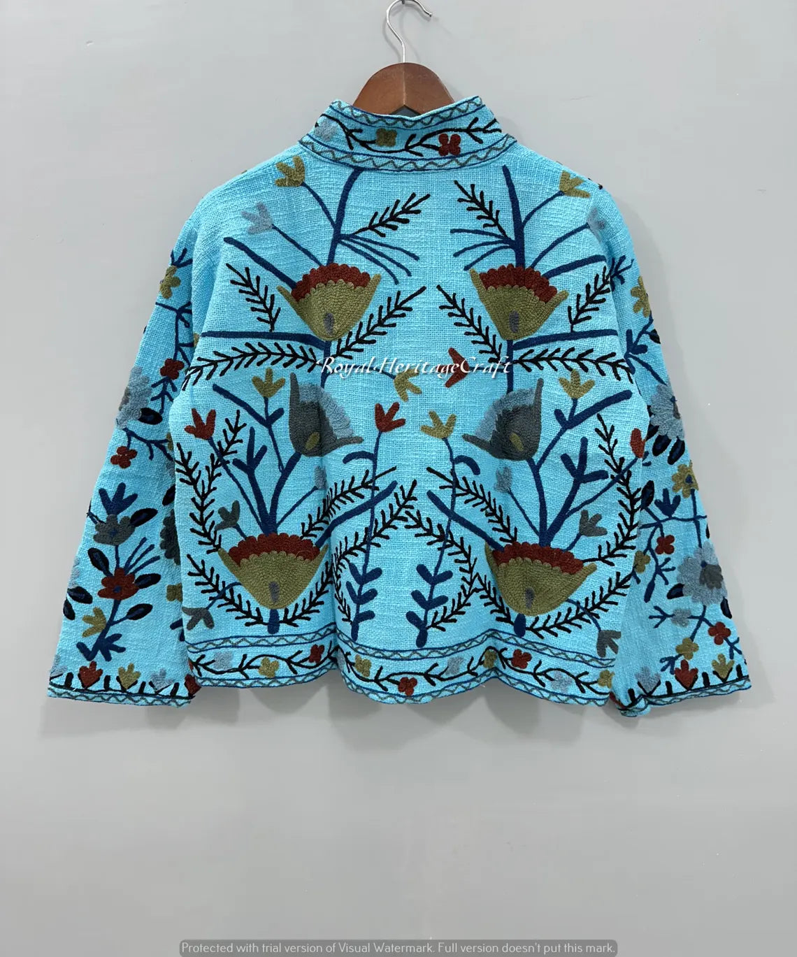 TNT Style Sky Blue Suzani Jacket – Boho Floral Embroidered Outerwear Coat-TNT55