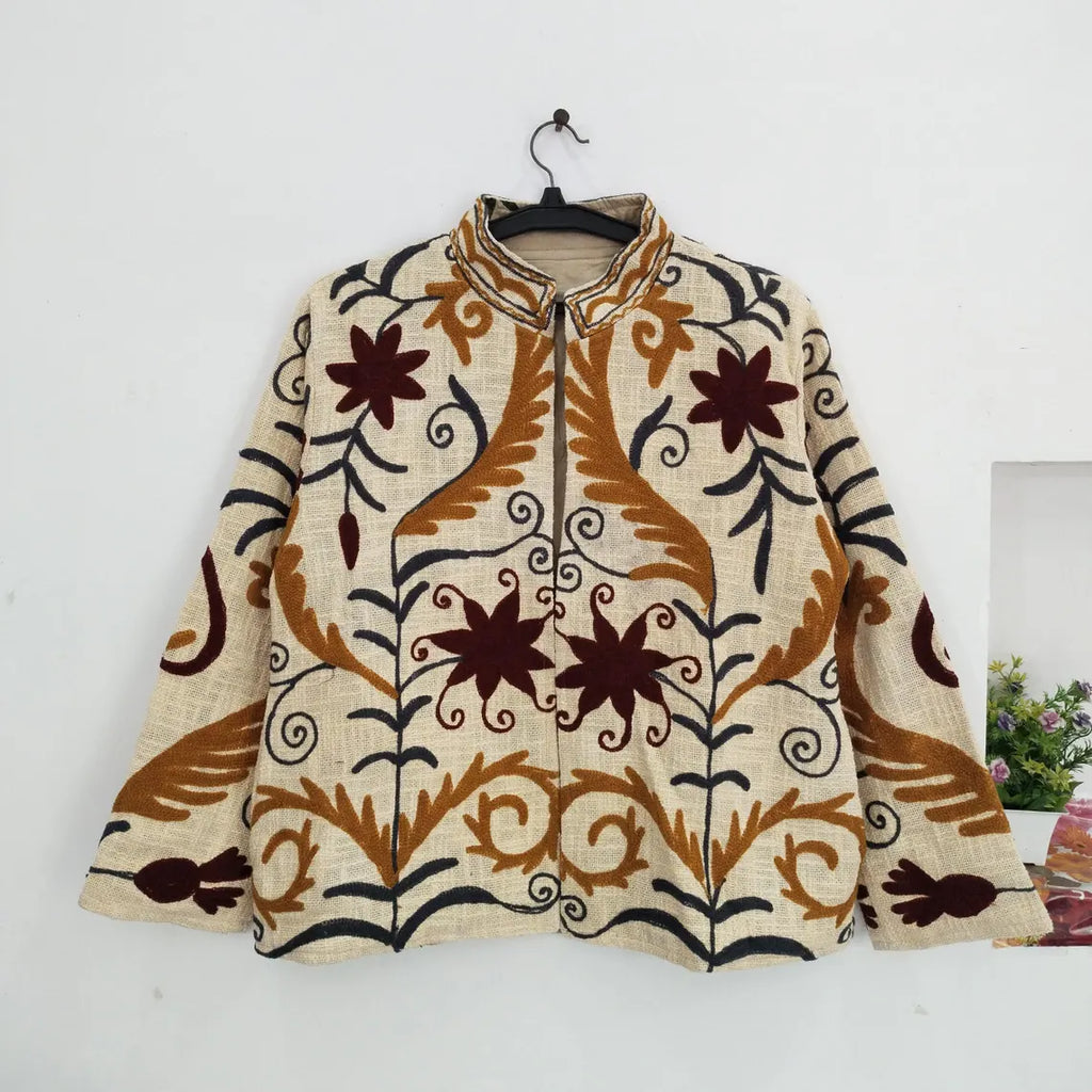 Handmade Cream TNT Suzani Jacket – Earthy Boho Embroidered Coat-TNT58